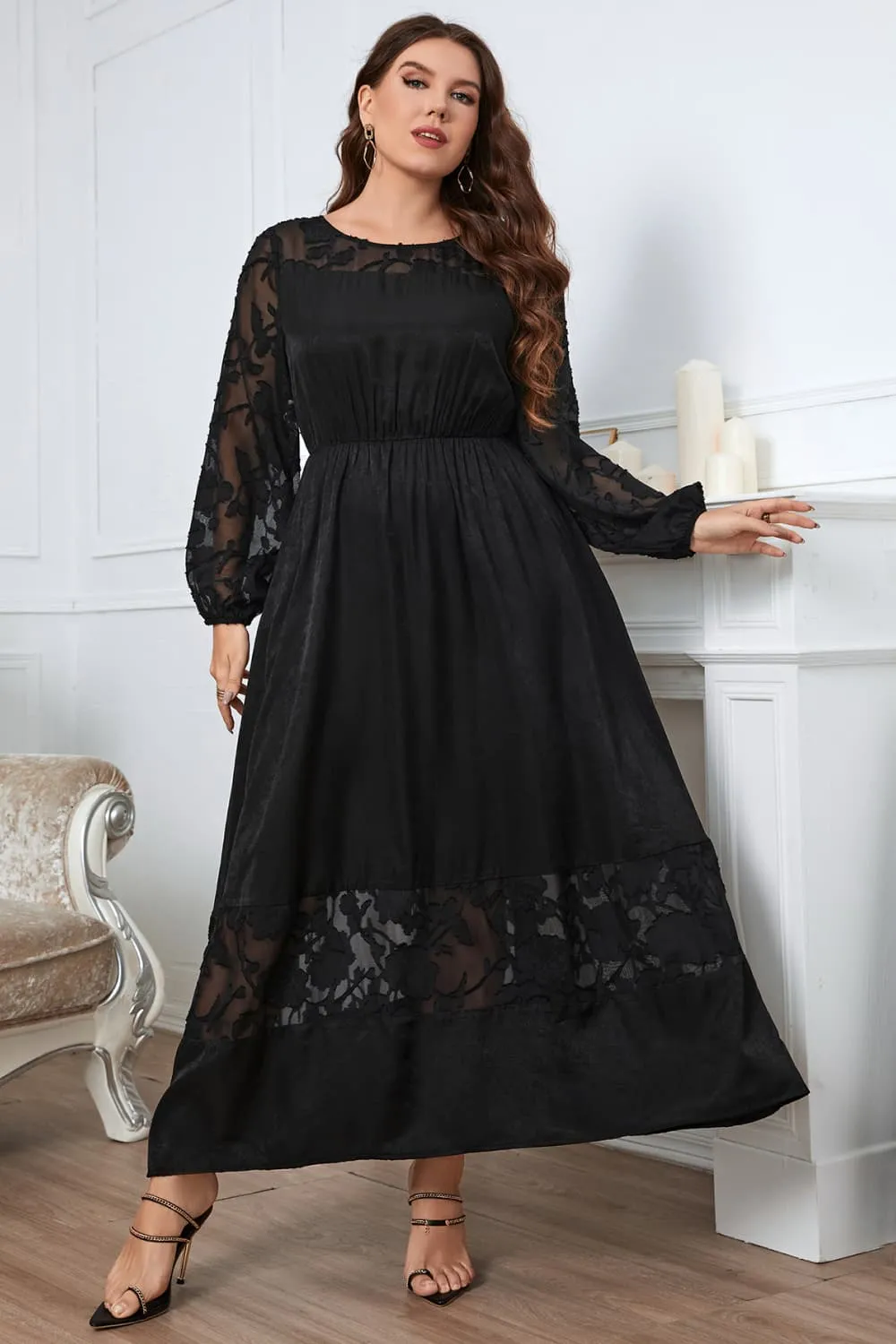 Melo Apparel Plus Size Embroidery Round Neck Long Sleeve Maxi Dress, image 3
