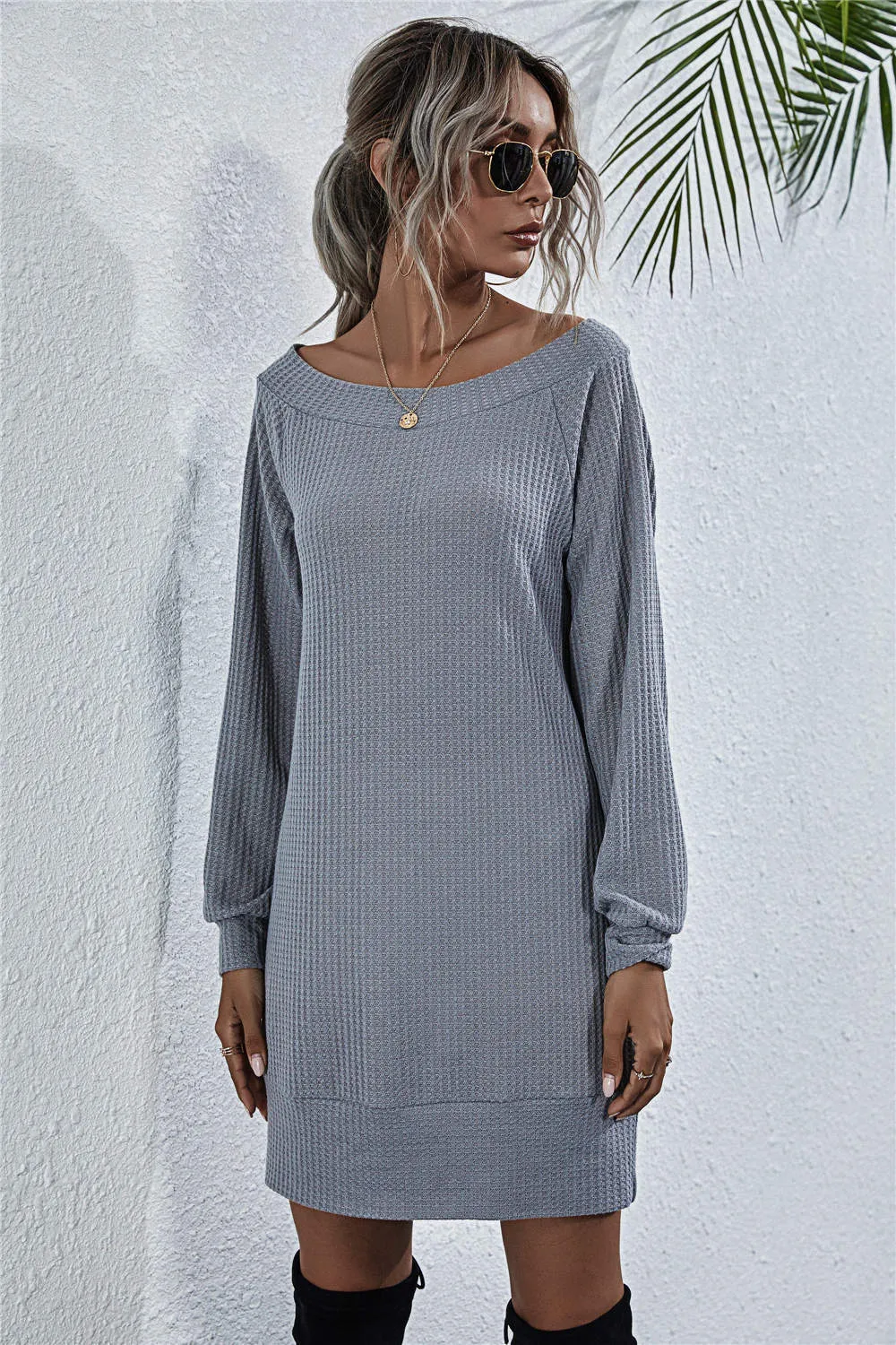 Waffle-Knit Boat Neck Mini Dress, image 8