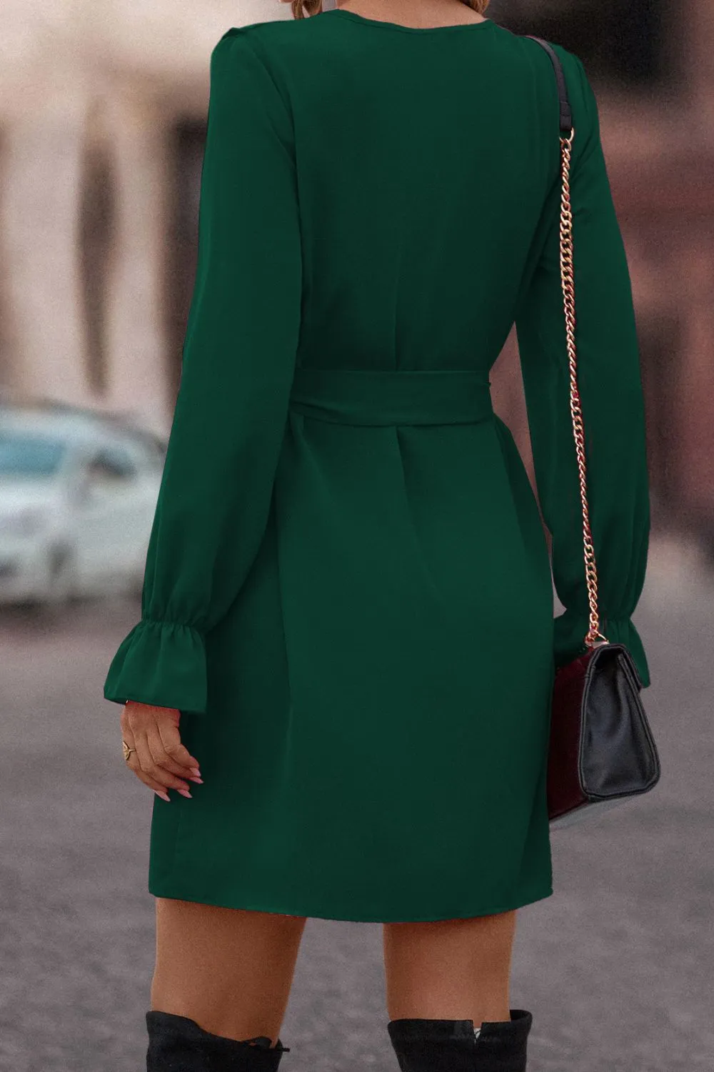 Ruffled Flounce Sleeve V-Neck Belted Dress, image 5