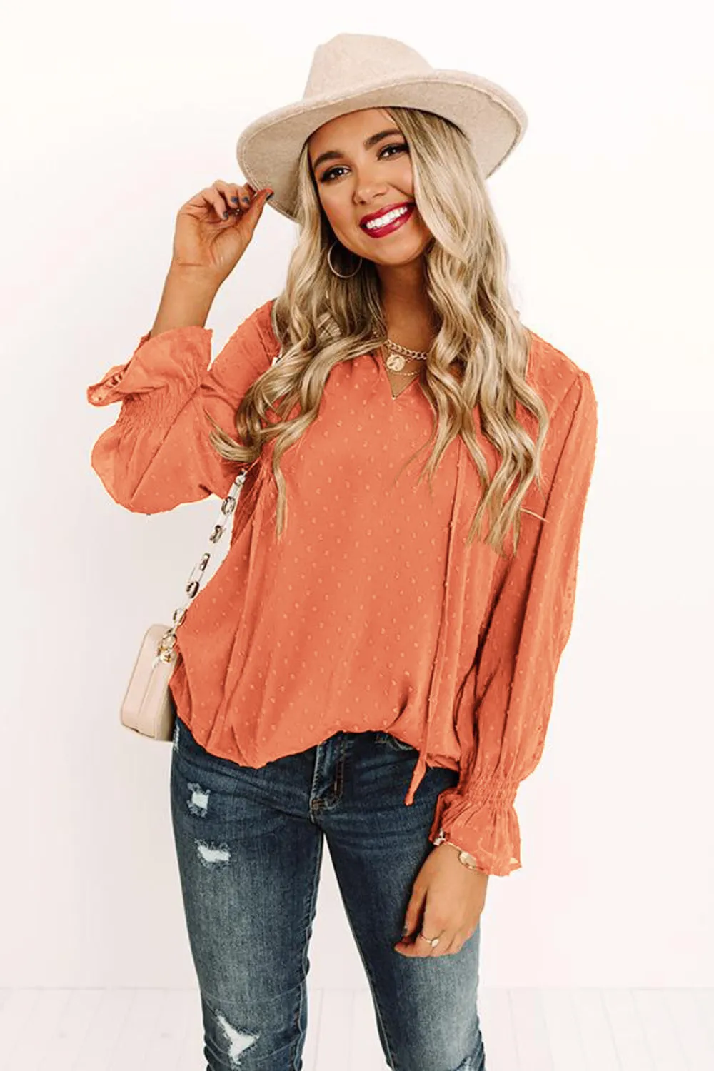 Swiss Dot Tie Neck Flounce Sleeve Blouse, image 7