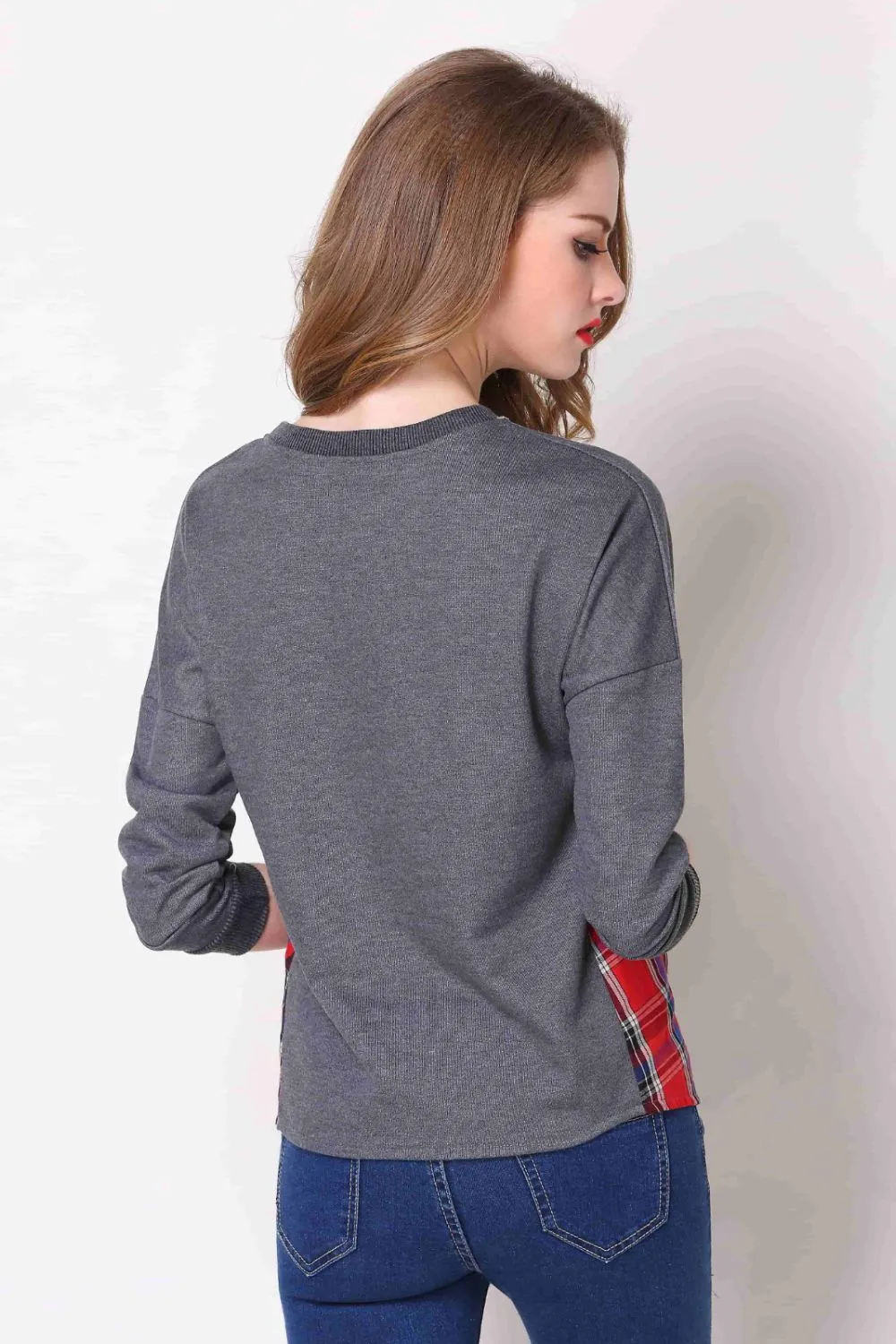 Full Size Plaid Patch Drop Shoulder Round Neck Top, image 6