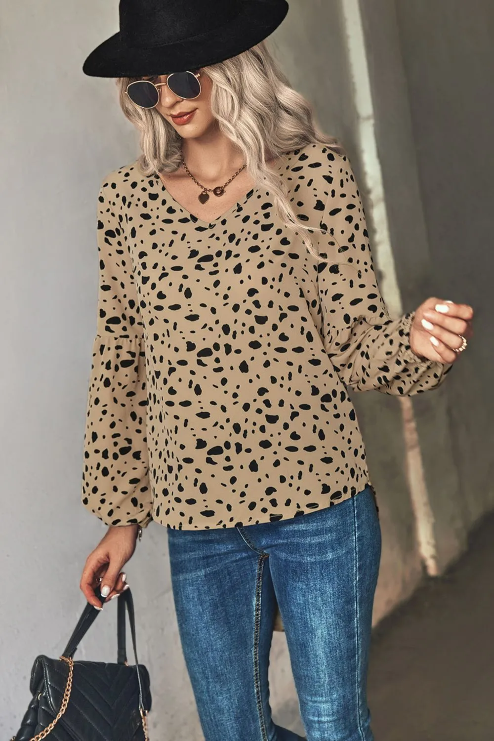 Animal Print V-Neck High-Low Blouse, image 6