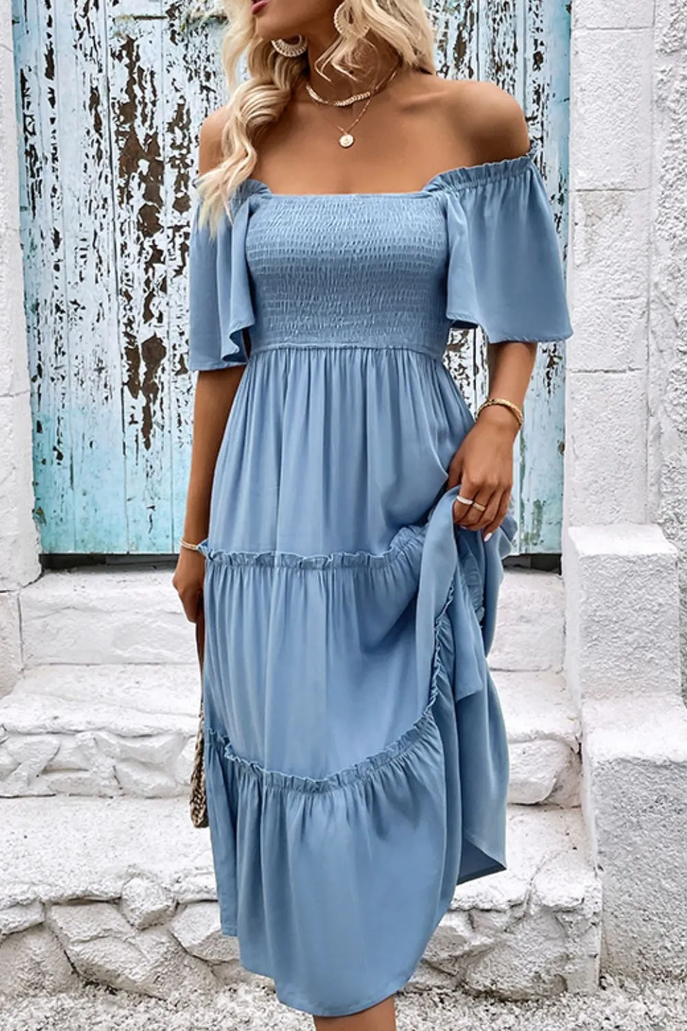 Smocked Square Neck Frill Trim Dress, image 3