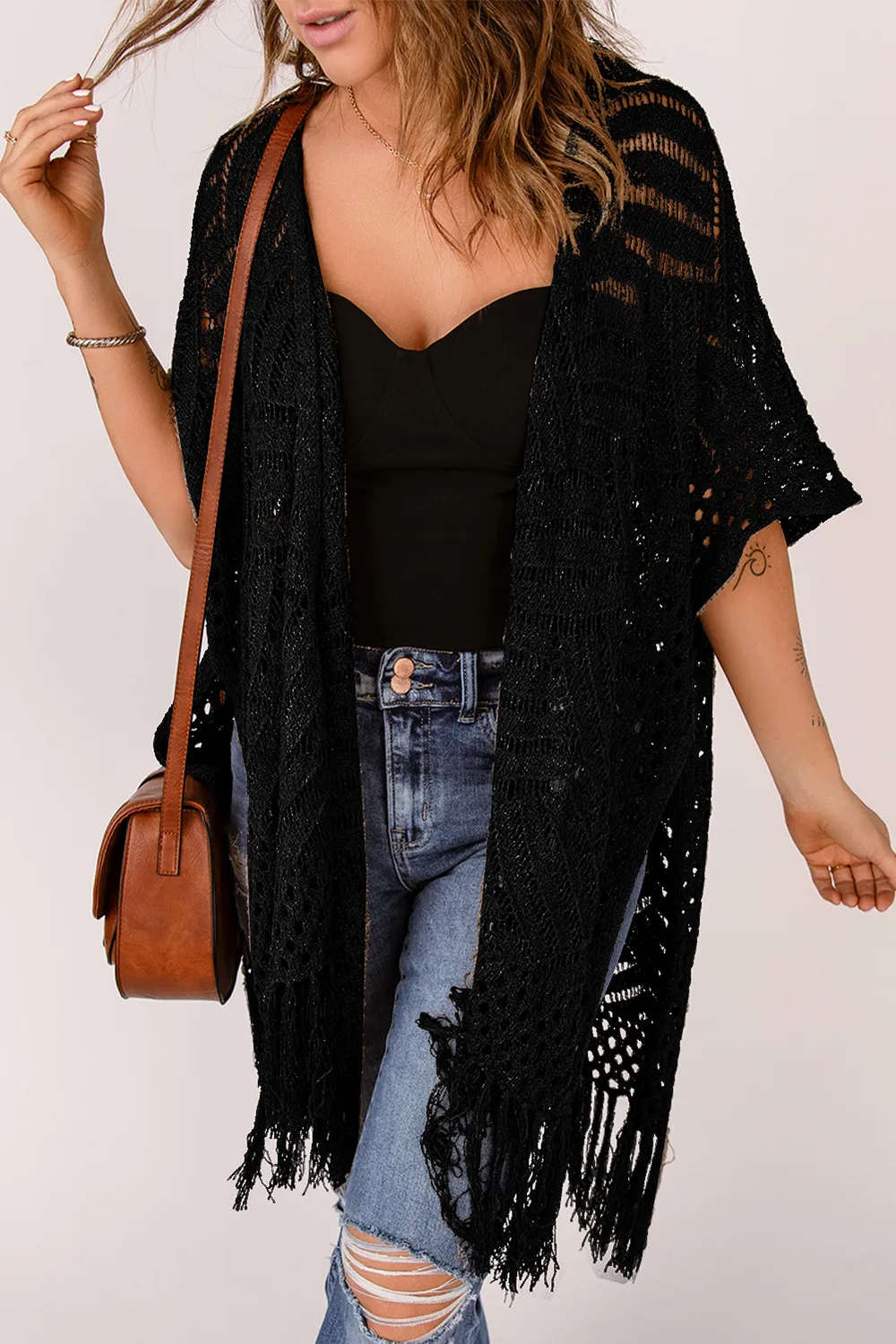 Fringe Hem Slit Open Front Cardigan, image 6