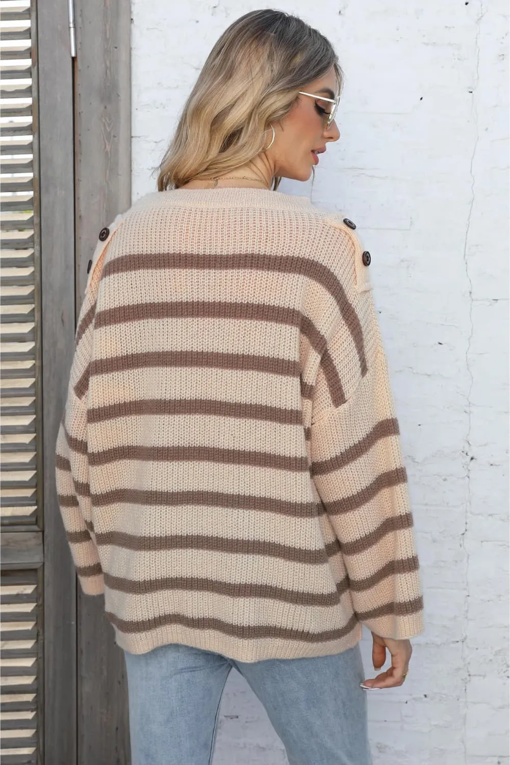 Round Neck Dropped Shoulder Striped Sweater, image 6