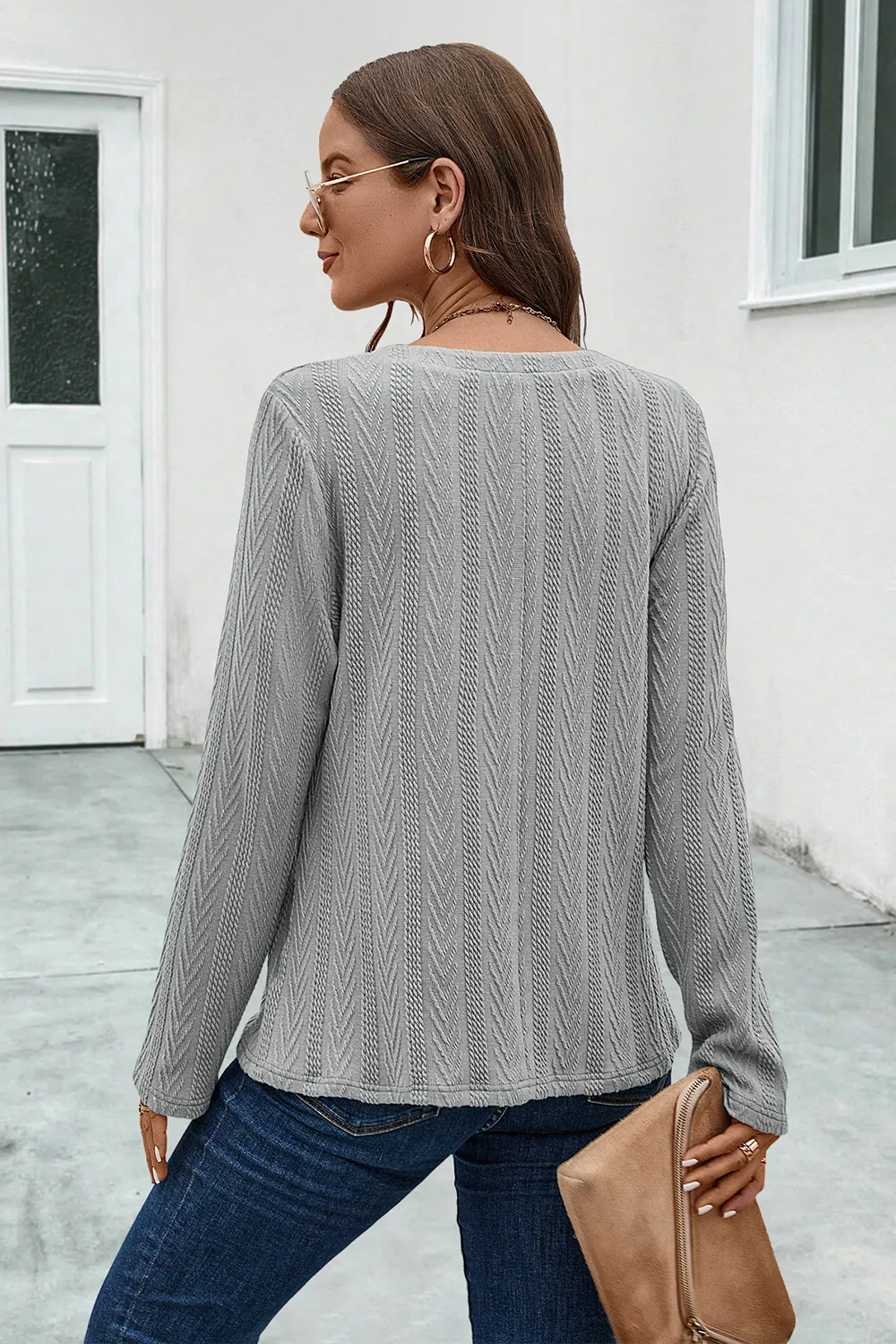 Buttoned Notched Neck Long Sleeve T-Shirt, image 5