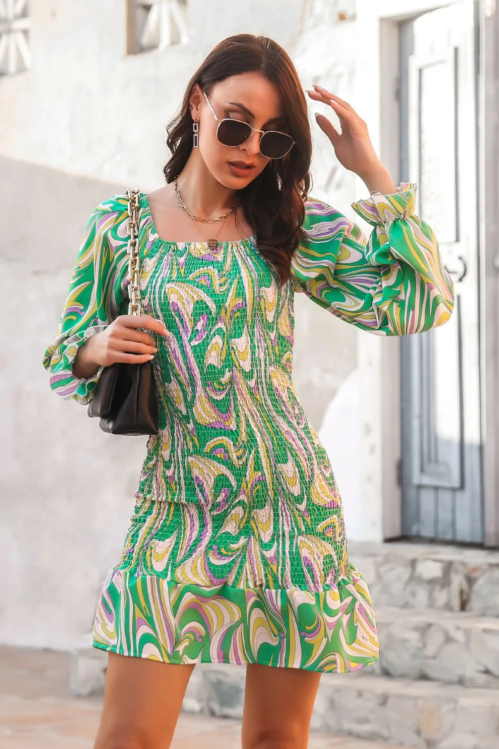 Abstract Print Square Neck Smocked Dress, image 5