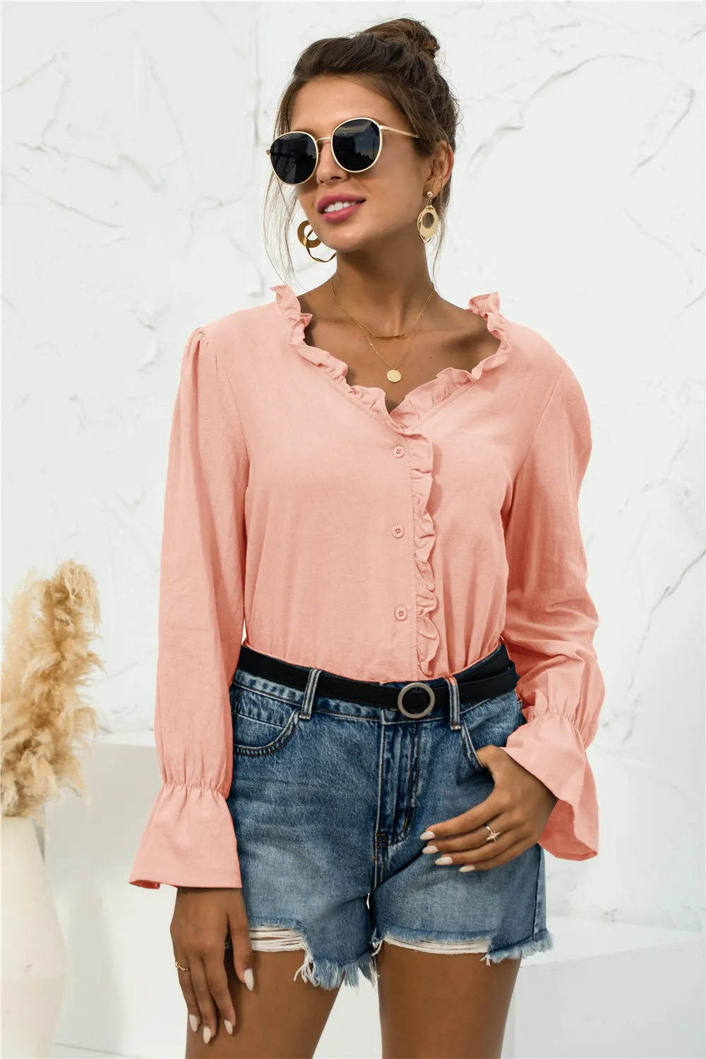 Frill Trim V-Neck Flounce Sleeve Shirt, image 2
