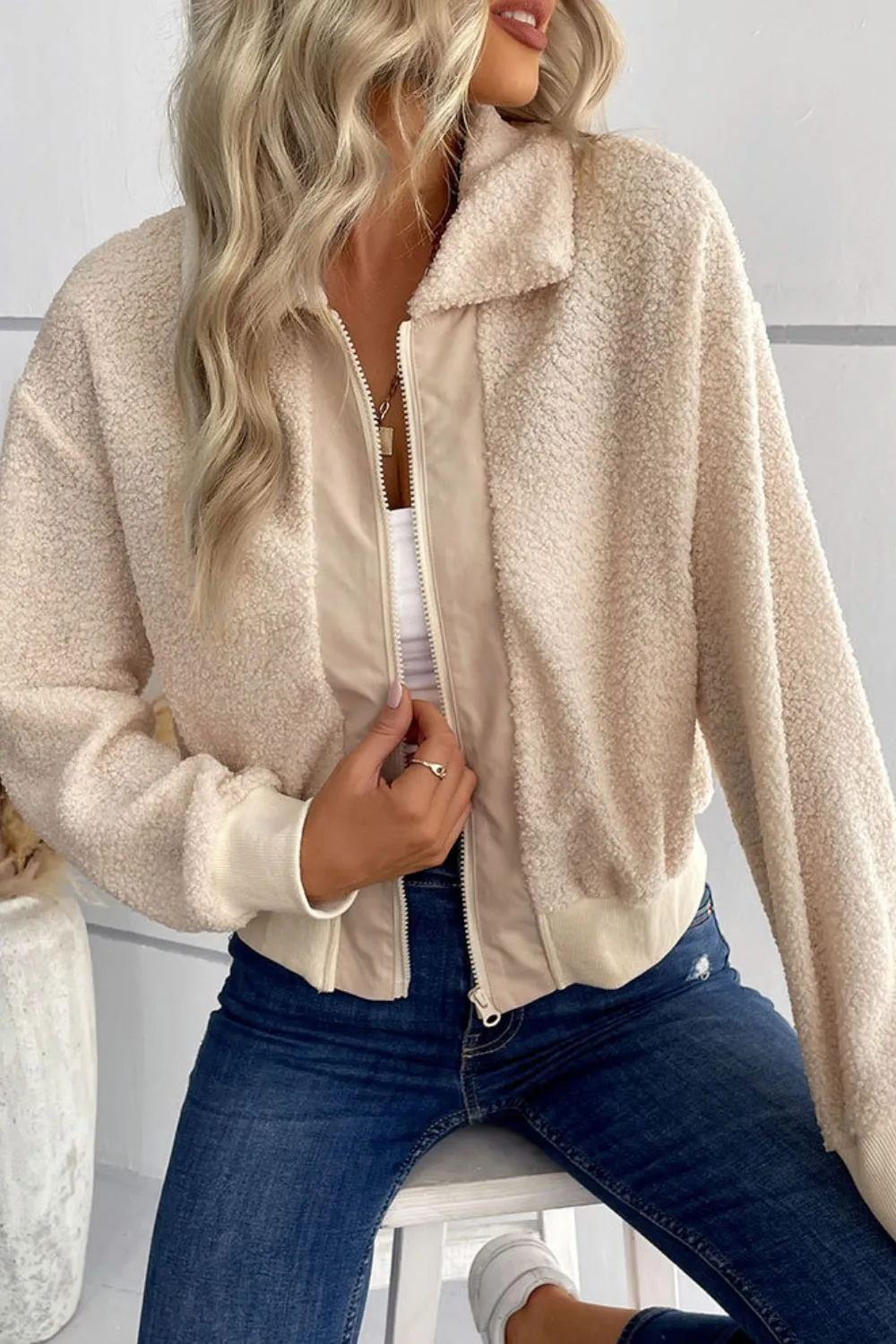 Zip-Up Sherpa Collared Neck Jacket with Pockets, image 6