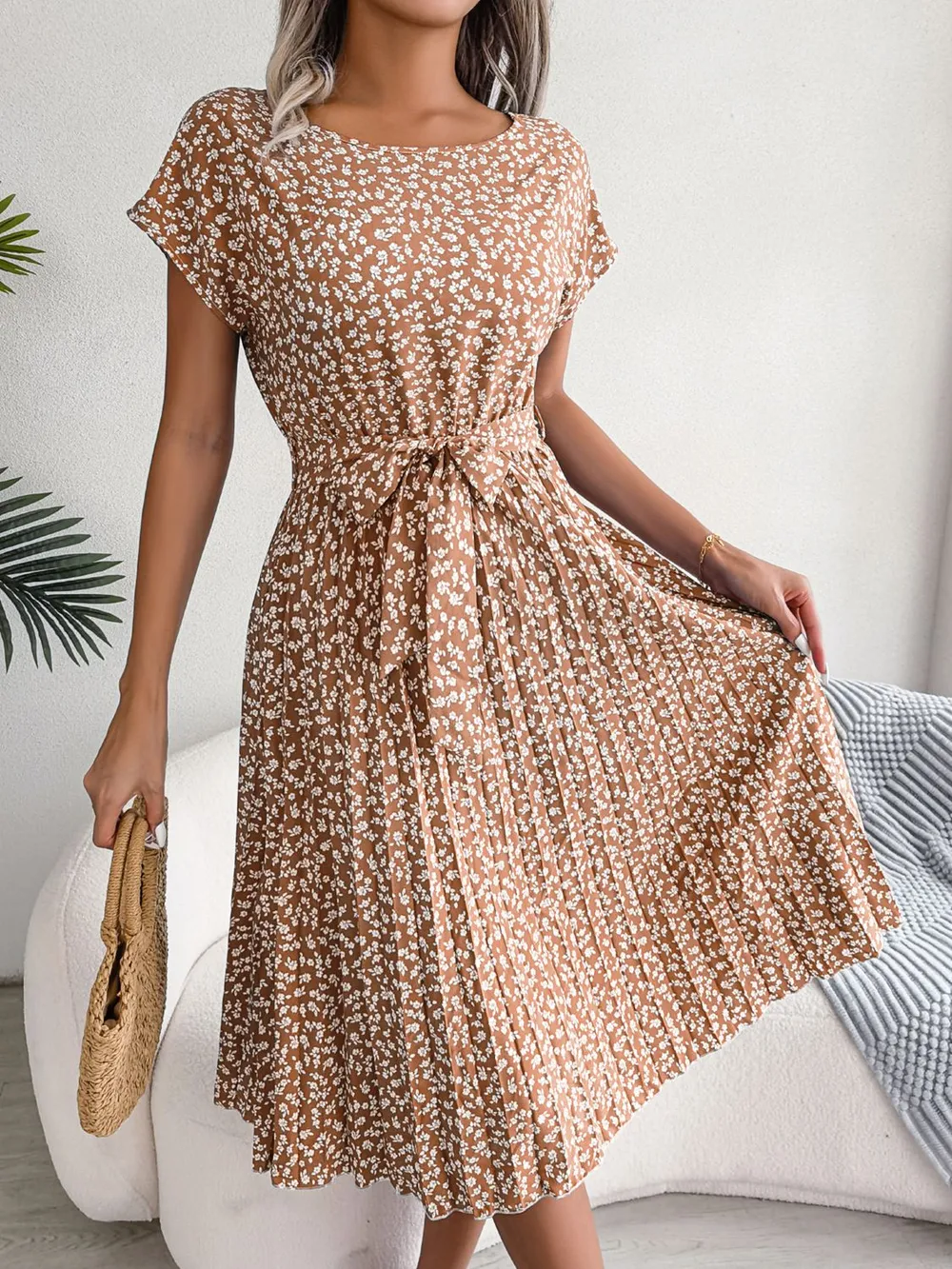 Ditsy Floral Pleated Belted Dress, image 9
