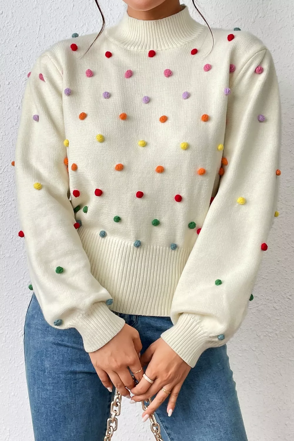 Pom-Pom Trim Mock Neck Long Sleeve Pullover Sweater, image 5