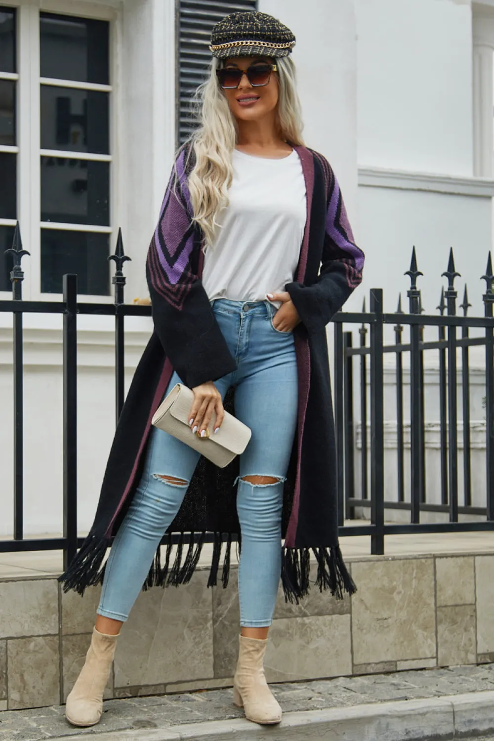 Geometric Fringe Hem Open Front Duster Cardigan, image 17