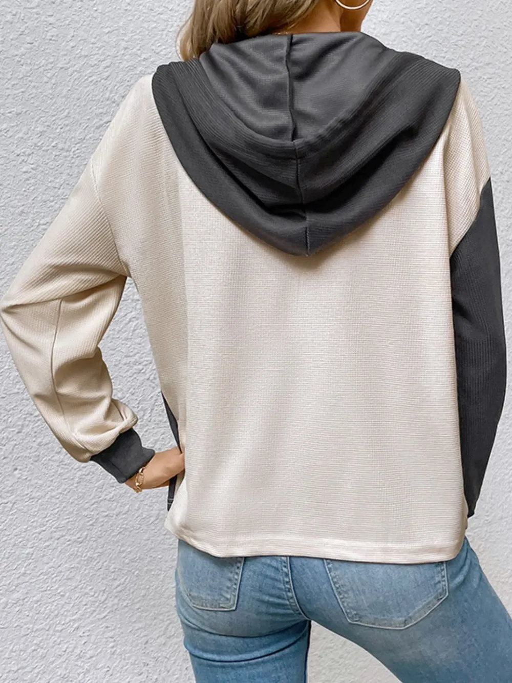 Contrast Color Button-Up Raglan Sleeve Hoodie, image 3