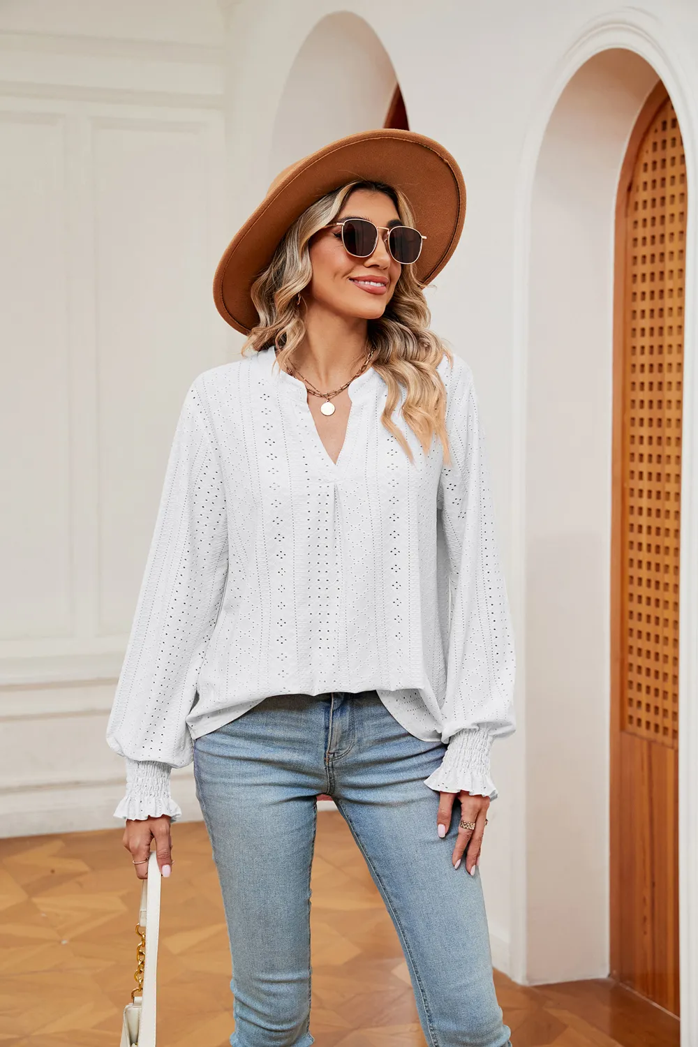 Notched Neck Flounce Sleeve Blouse, image 6