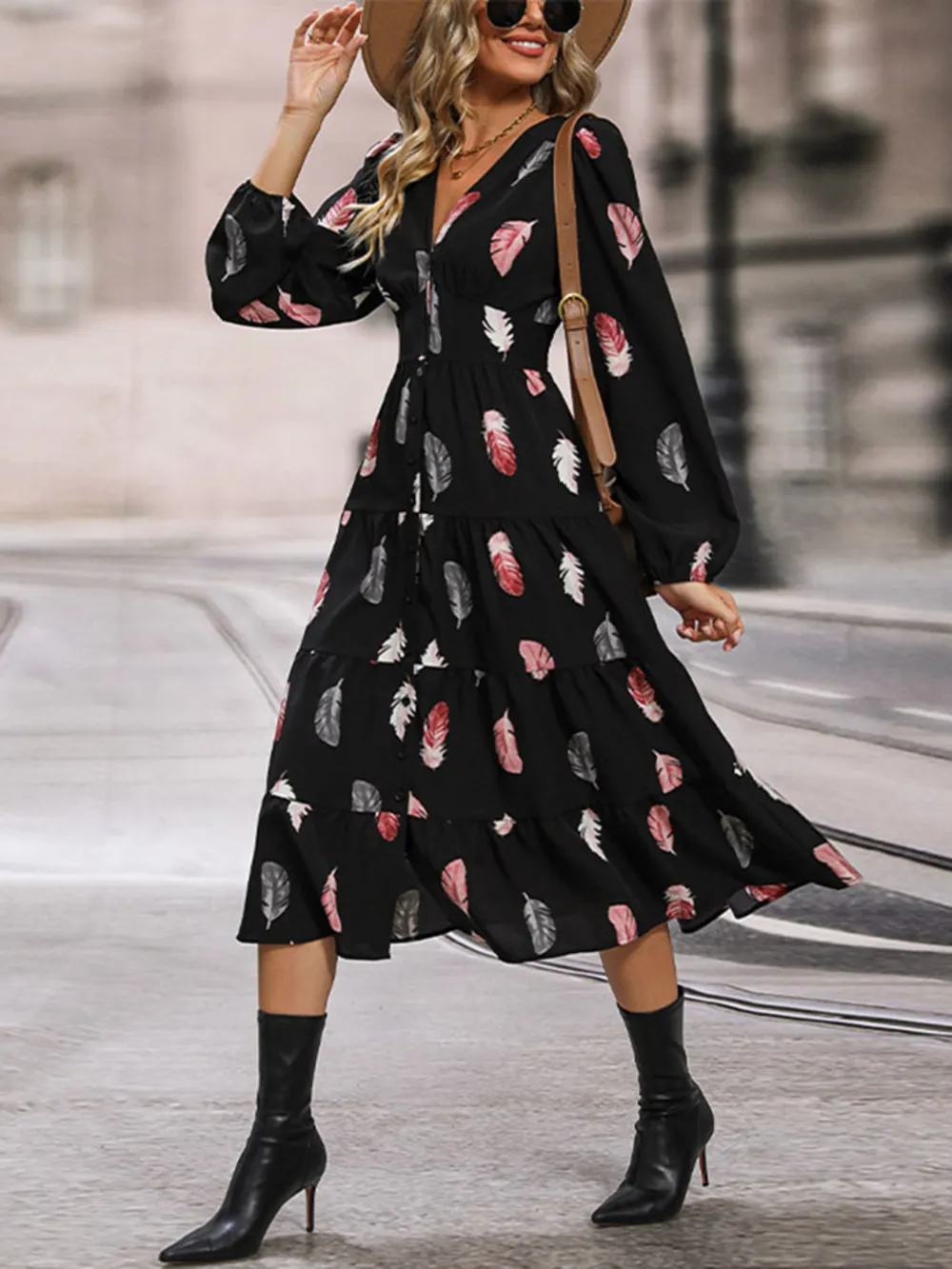 Printed V-Neck Slit Dress, image 2