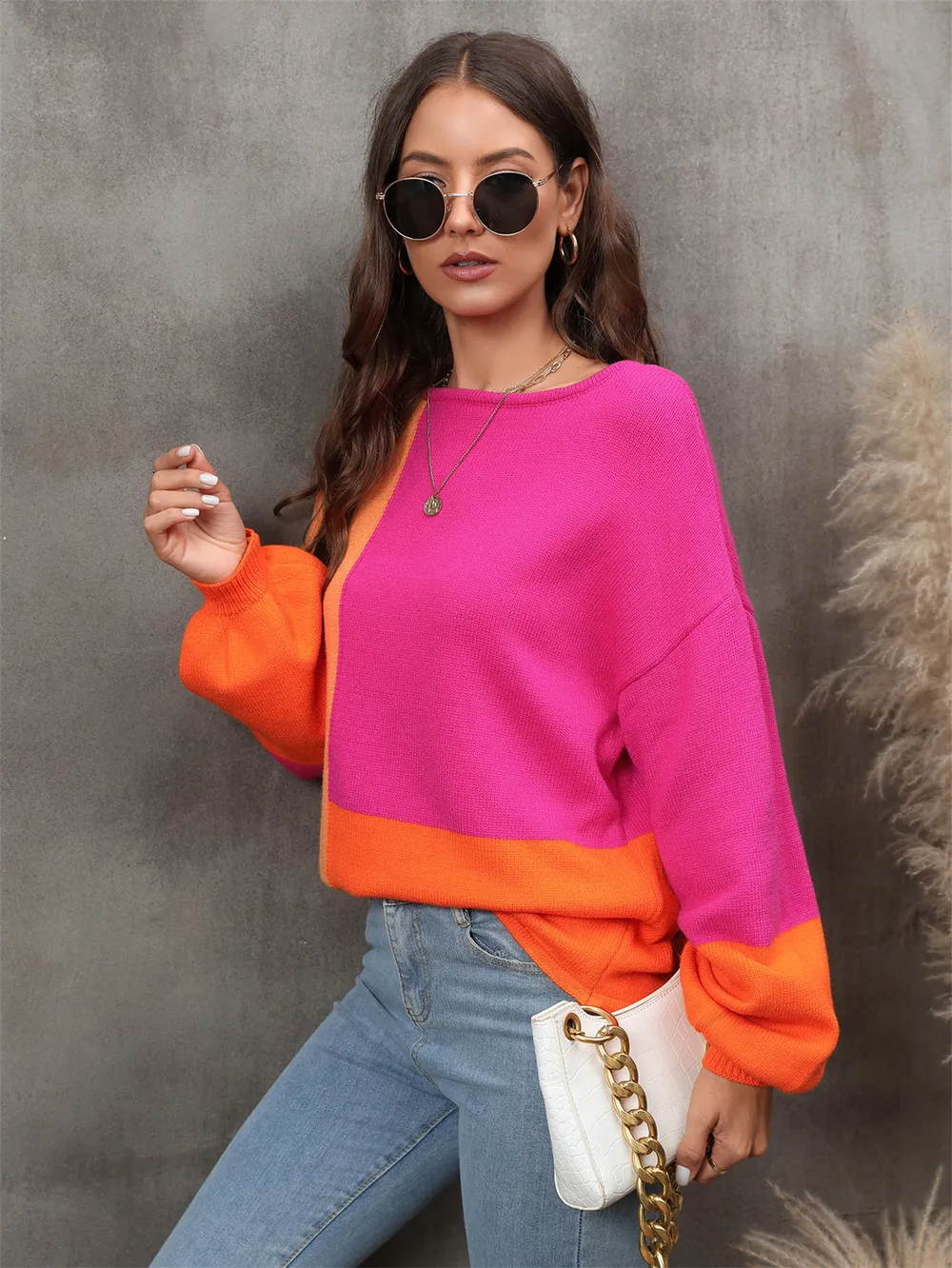 Color Block Round Neck Dropped Shoulder Sweater, image 3