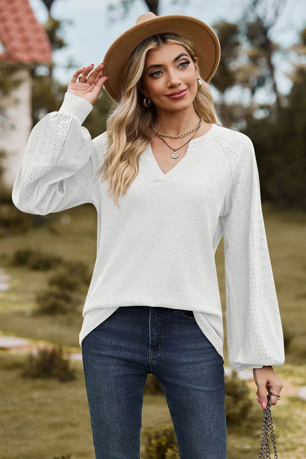 Notched Neck Raglan Sleeve Blouse, image 5