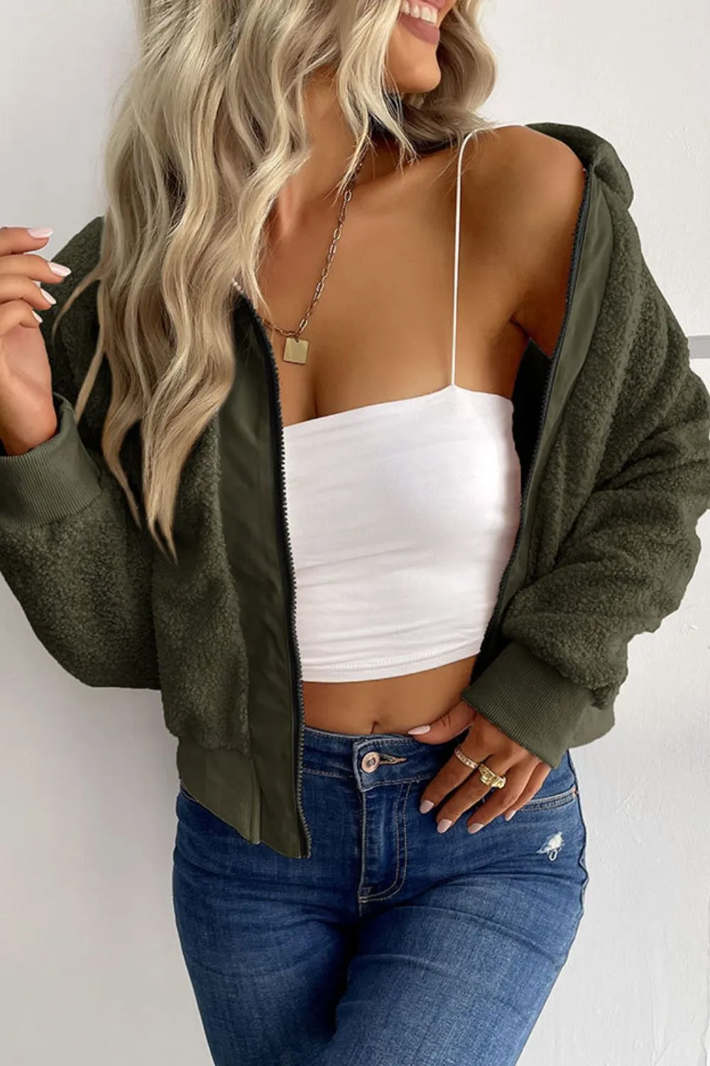 Zip-Up Sherpa Collared Neck Jacket with Pockets, image 9