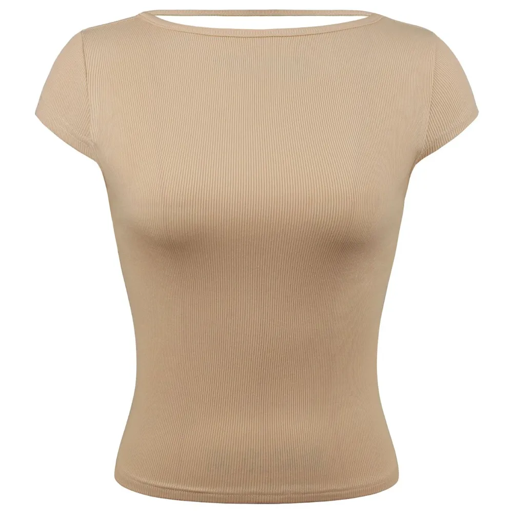 Round Neck Backless Short Sleeve Tee, image 2