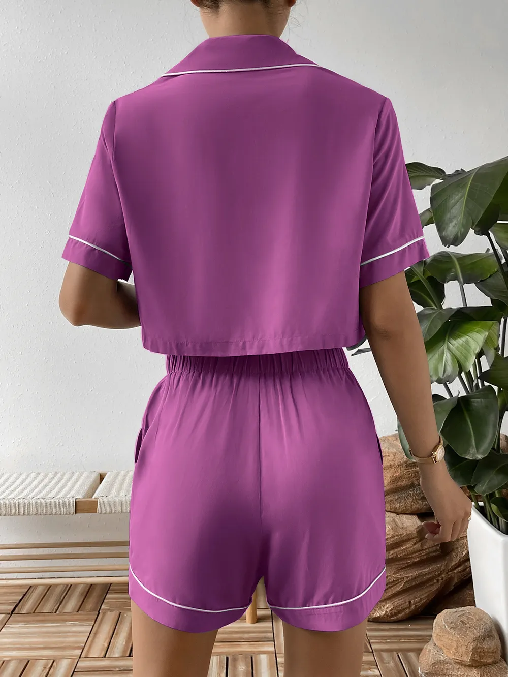 Contrast Lapel Collar Cropped Shirt and Shorts Lounge Set, image 7