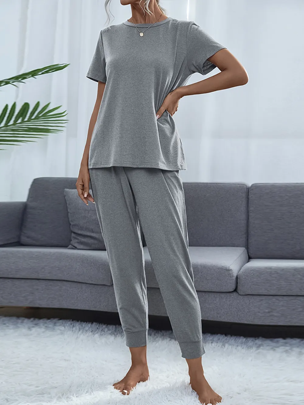 Round Neck Short Sleeve Top and Pants Set, image 13