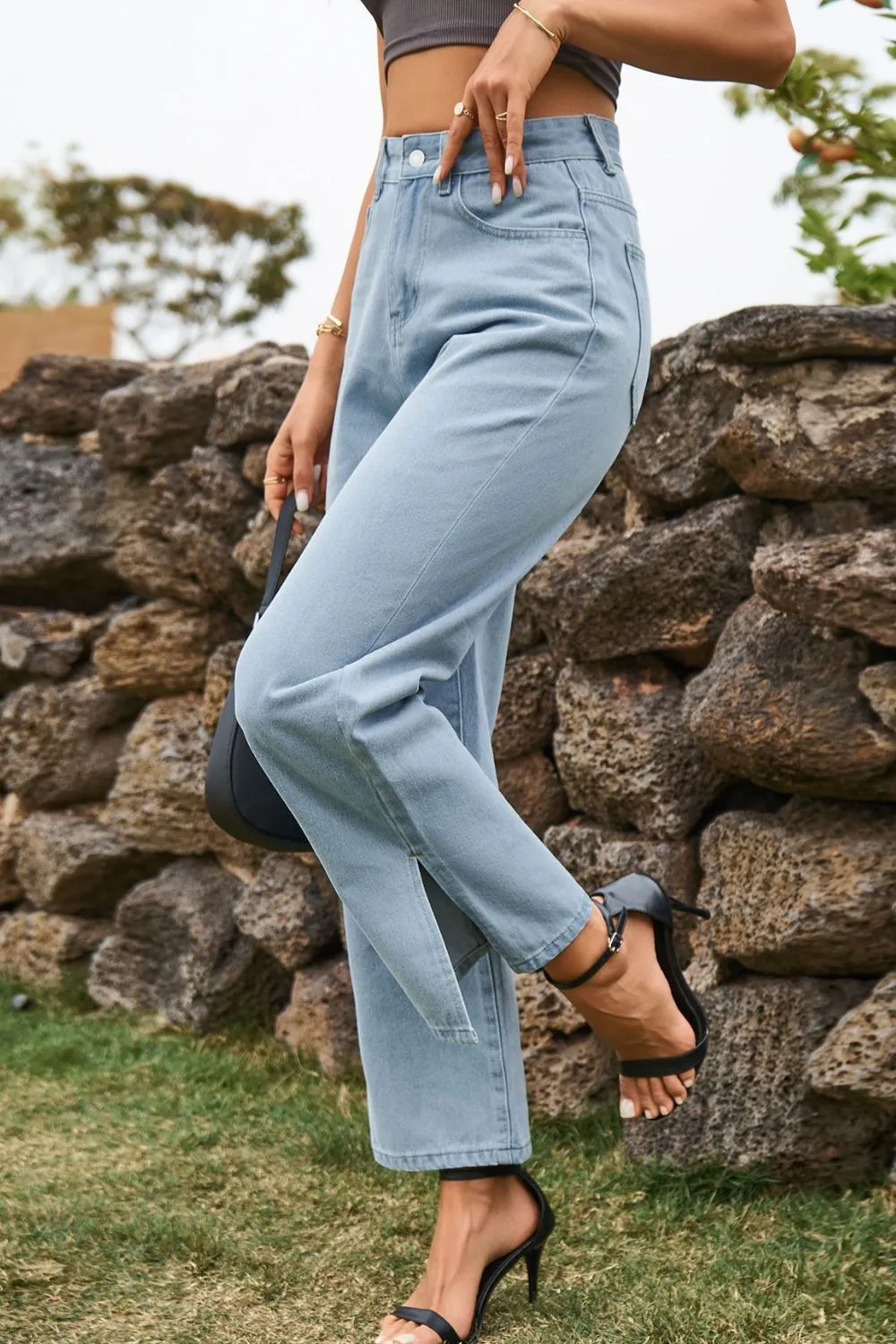 High Waist Loose Fit Ankle Slit Jeans, image 7