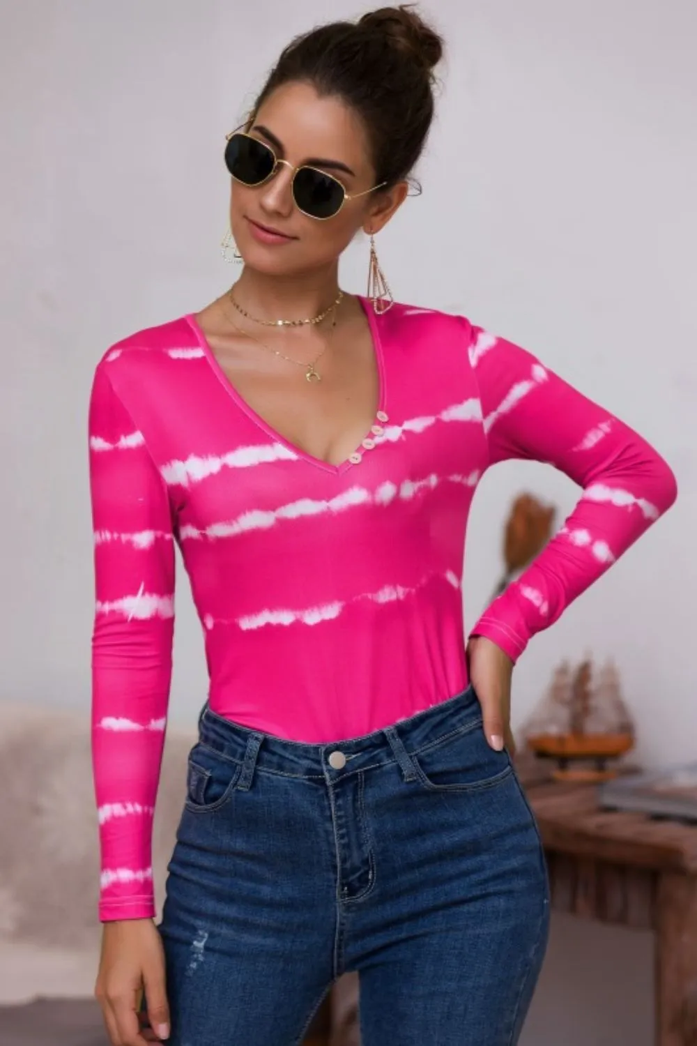 Tie-Dye Plunge Long Sleeve Top, image 9