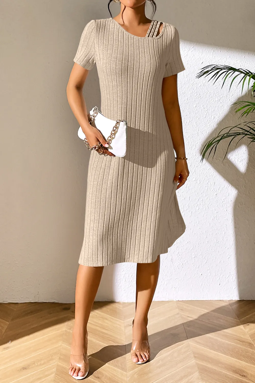 Ribbed Asymmetrical Neck Short Sleeve Dress, image 10