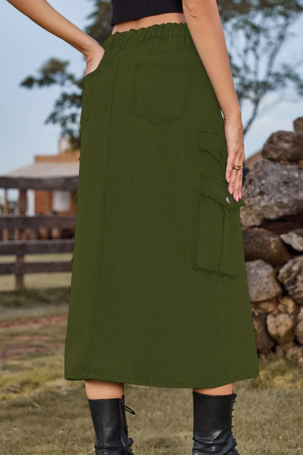 Slit Front Midi Denim Skirt with Pockets, image 9