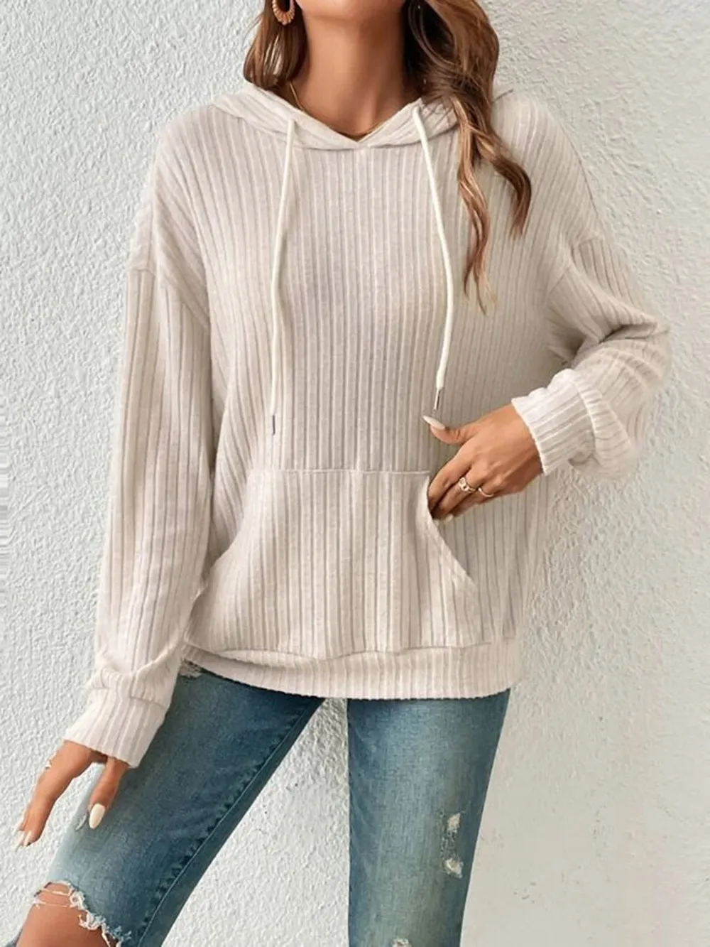 Ribbed Dropped Shoulder Drawstring Hoodie, image 7