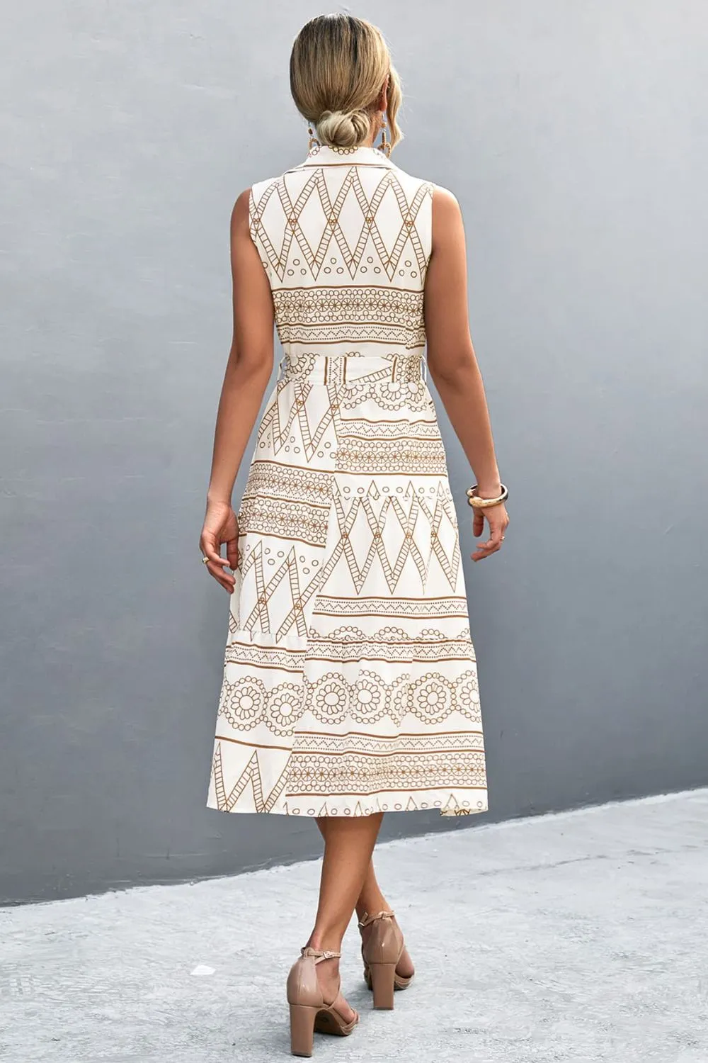 Printed Button Front Tie-Waist Sleeveless Collared Dress, image 5