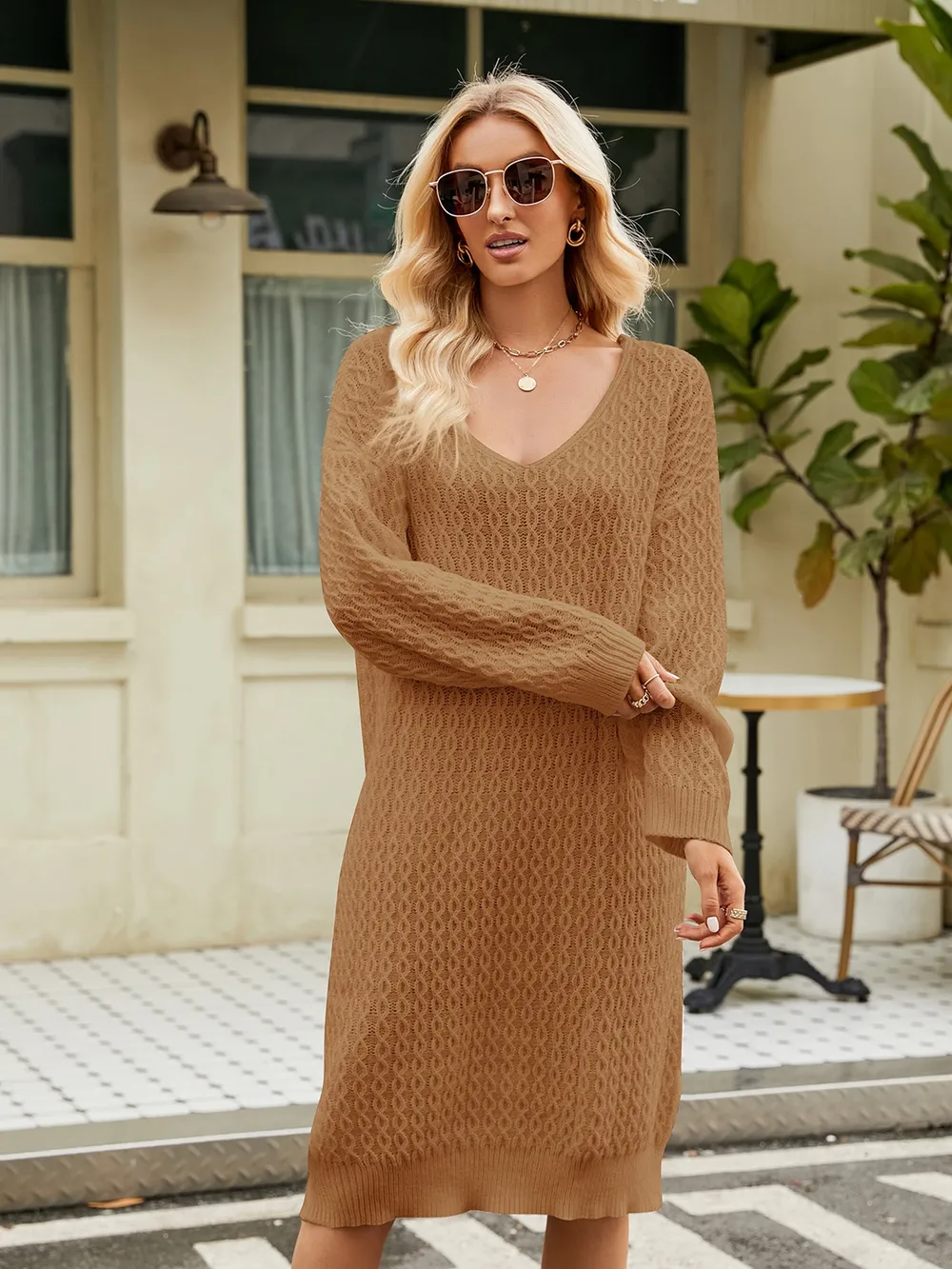 V-Neck Long Sleeve Sweater Dress, image 10
