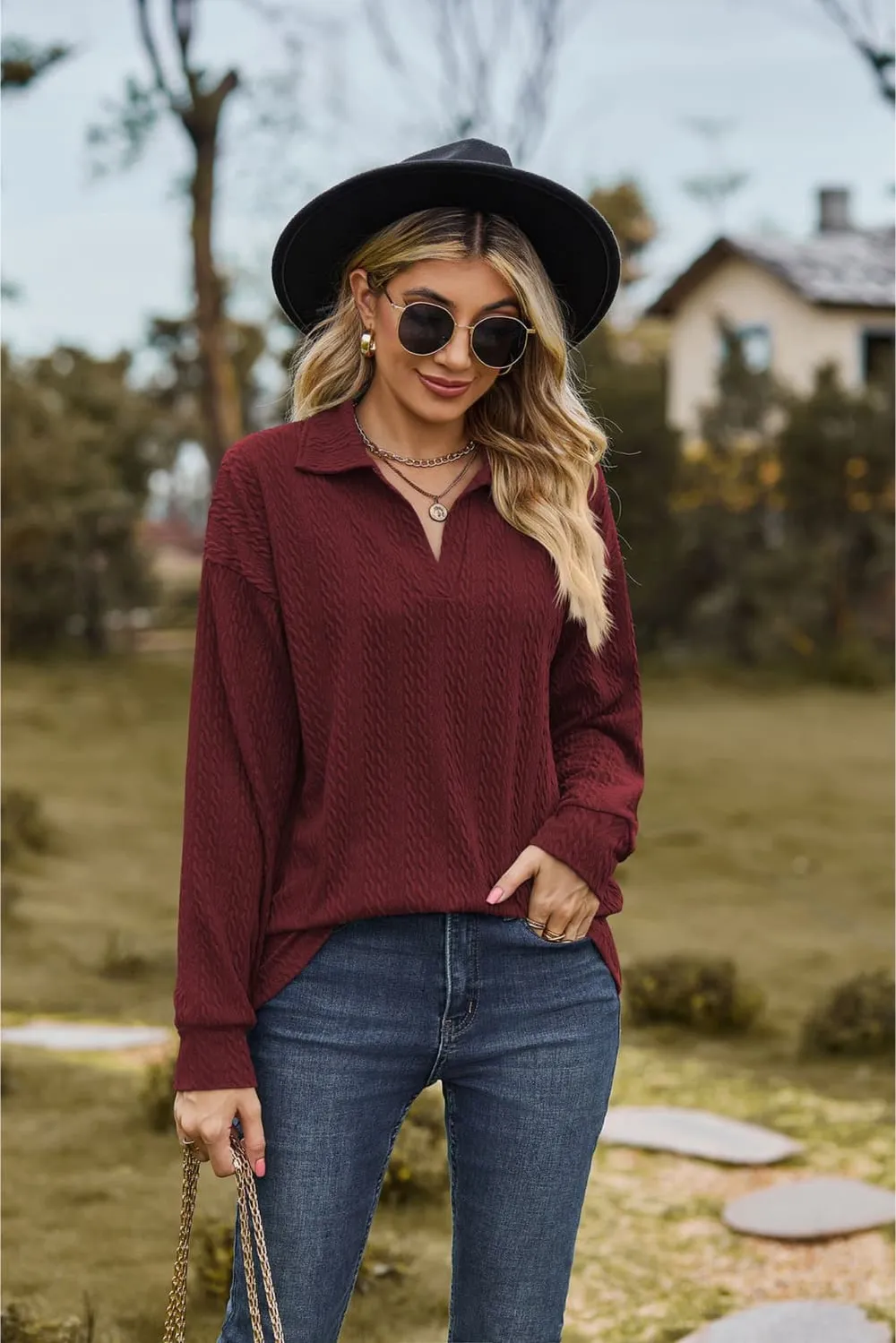 Collared Neck Cable-Knit Long Sleeve Blouse, image 14