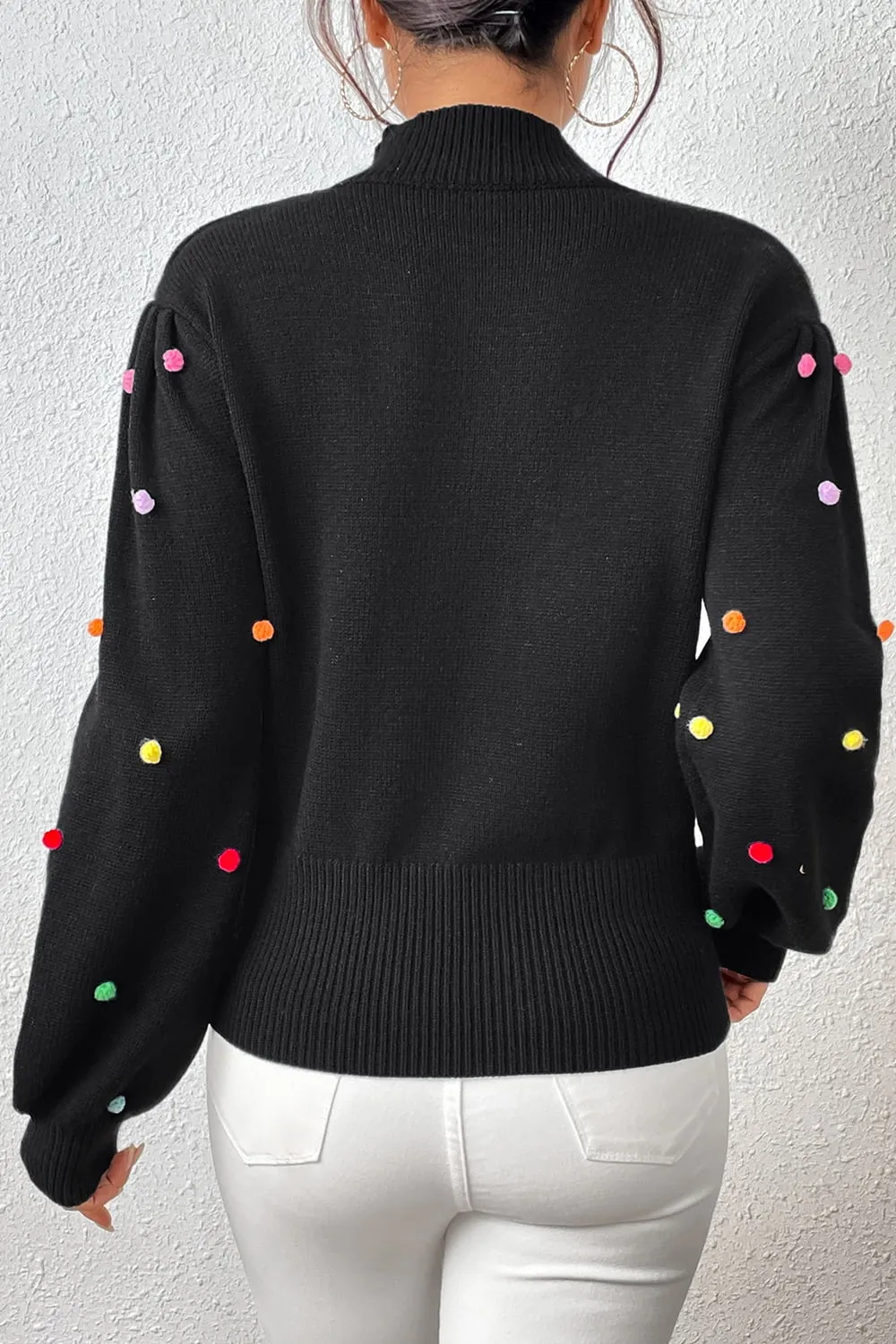Pom-Pom Trim Mock Neck Long Sleeve Pullover Sweater, image 12