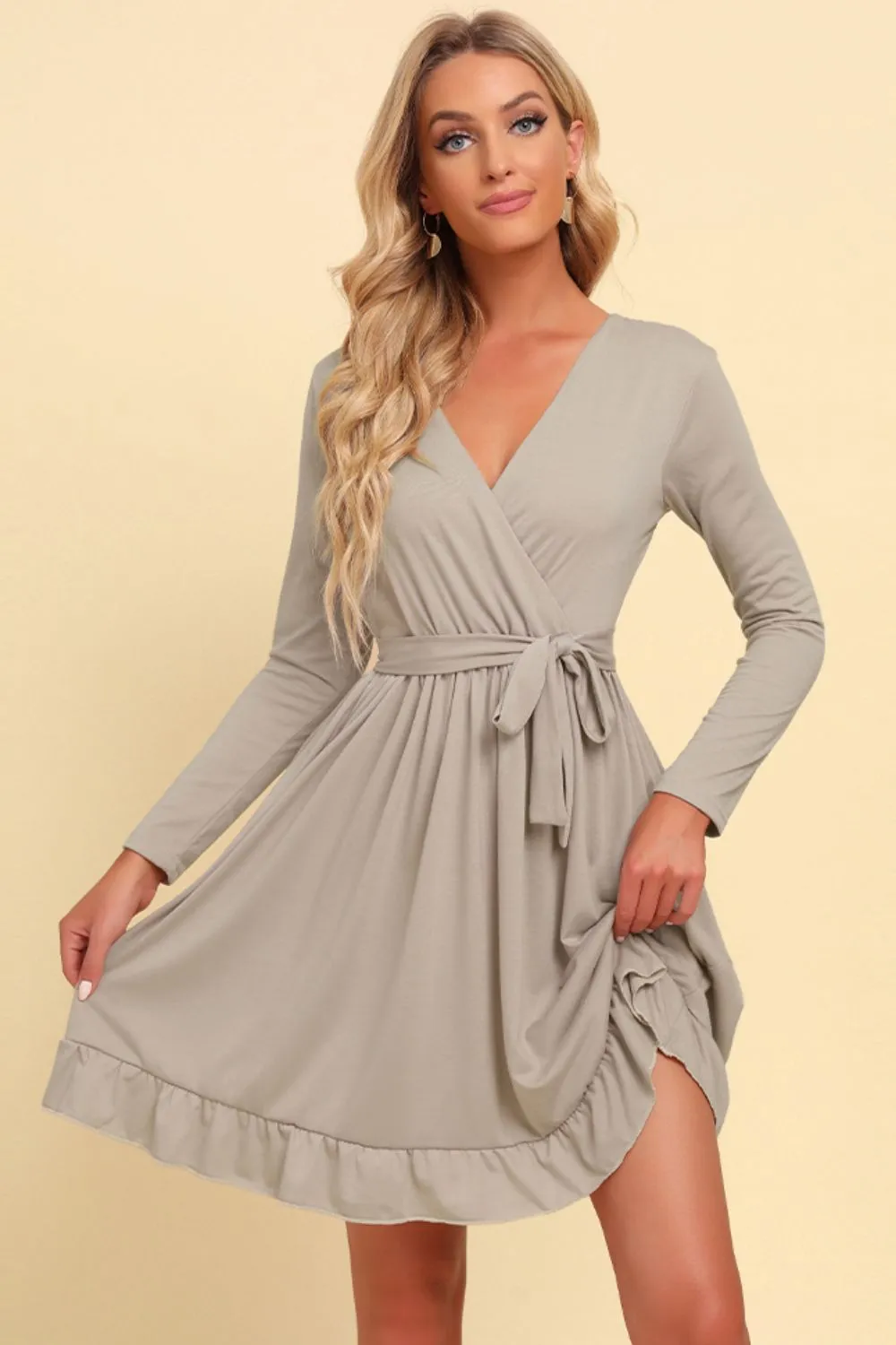 Long Sleeve Tie Waist Ruffle Hem Dress, image 6