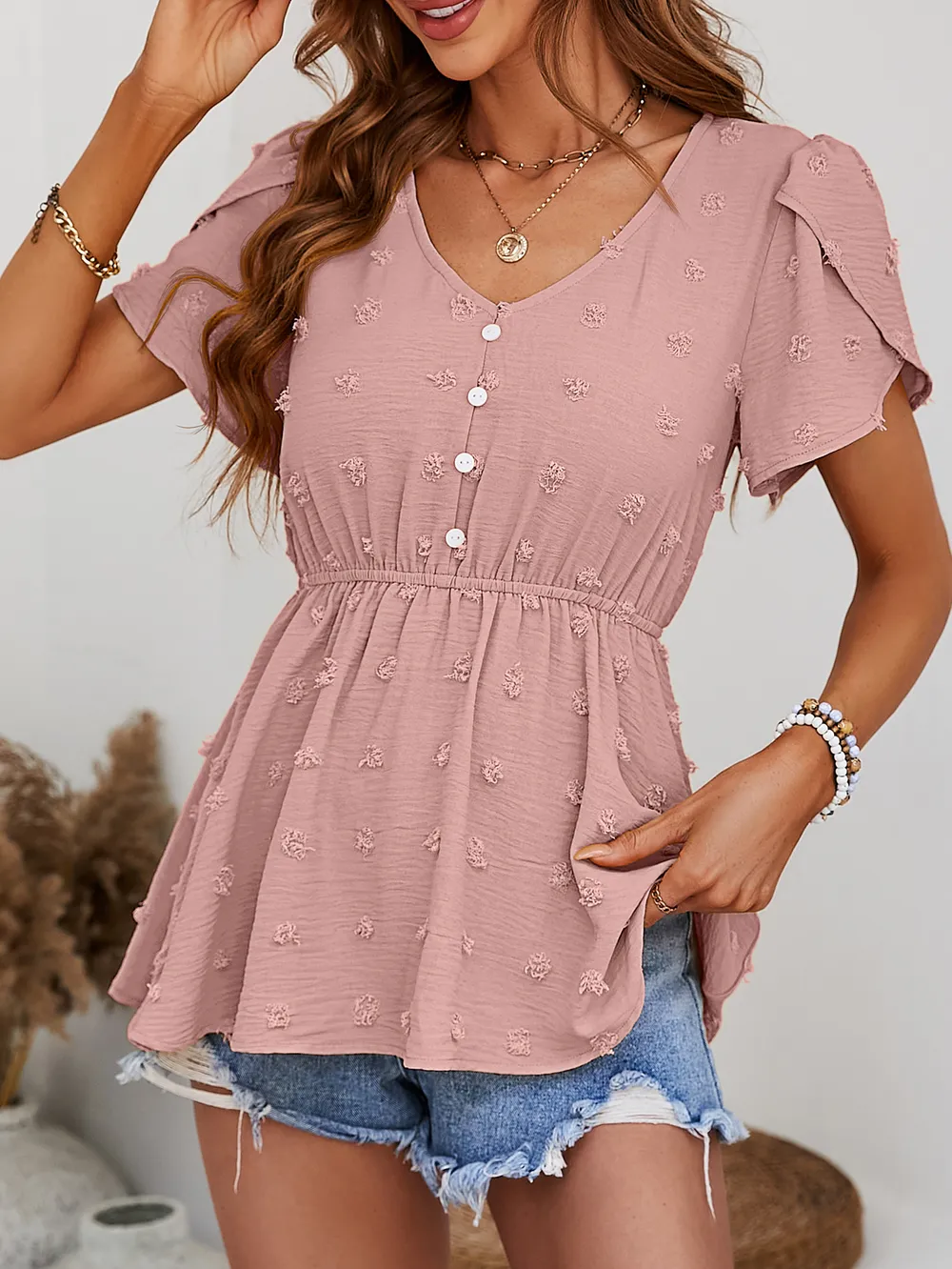Swiss Dot Buttoned Petal Sleeve Peplum Blouse, image 4