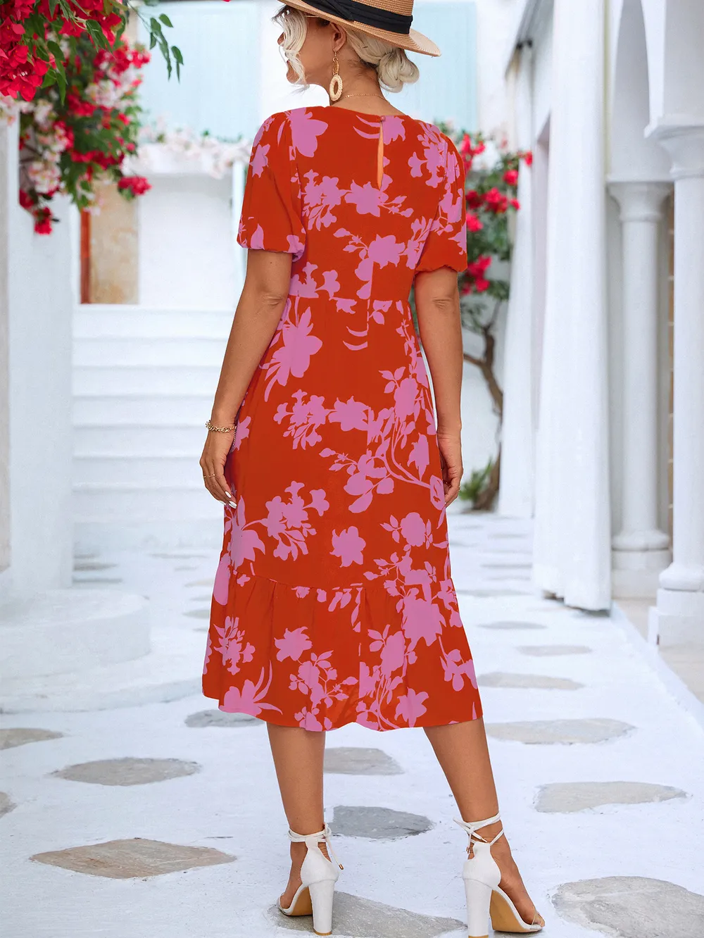Floral Puff Sleeve Ruffle Hem Midi Dress, image 7