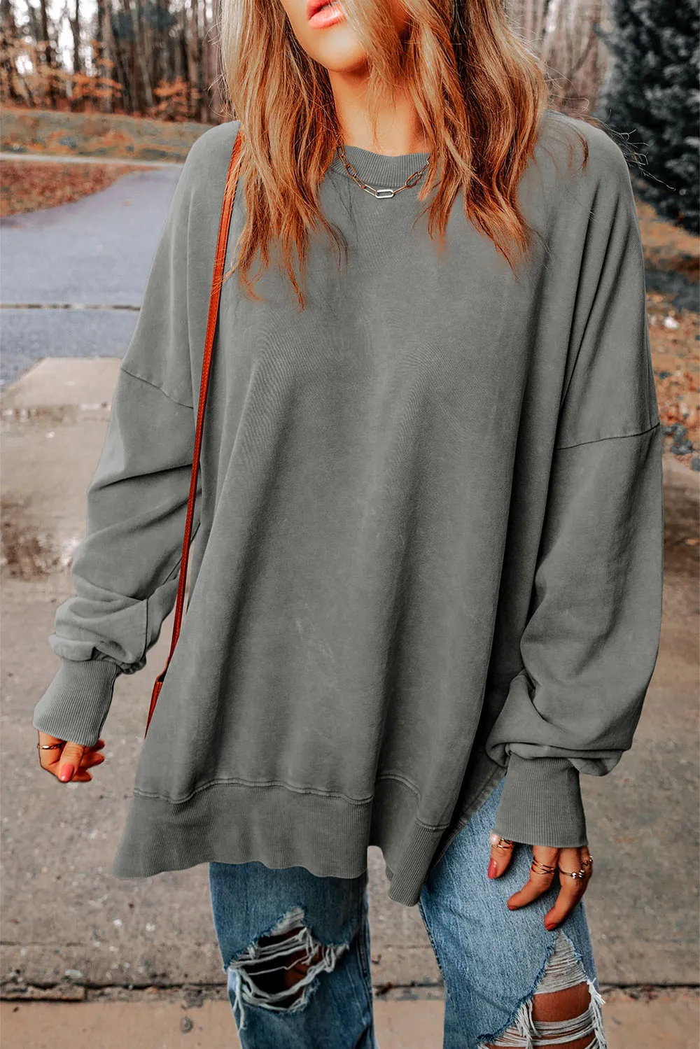 Dropped Shoulder Round Neck Long Sleeve Blouse, image 5