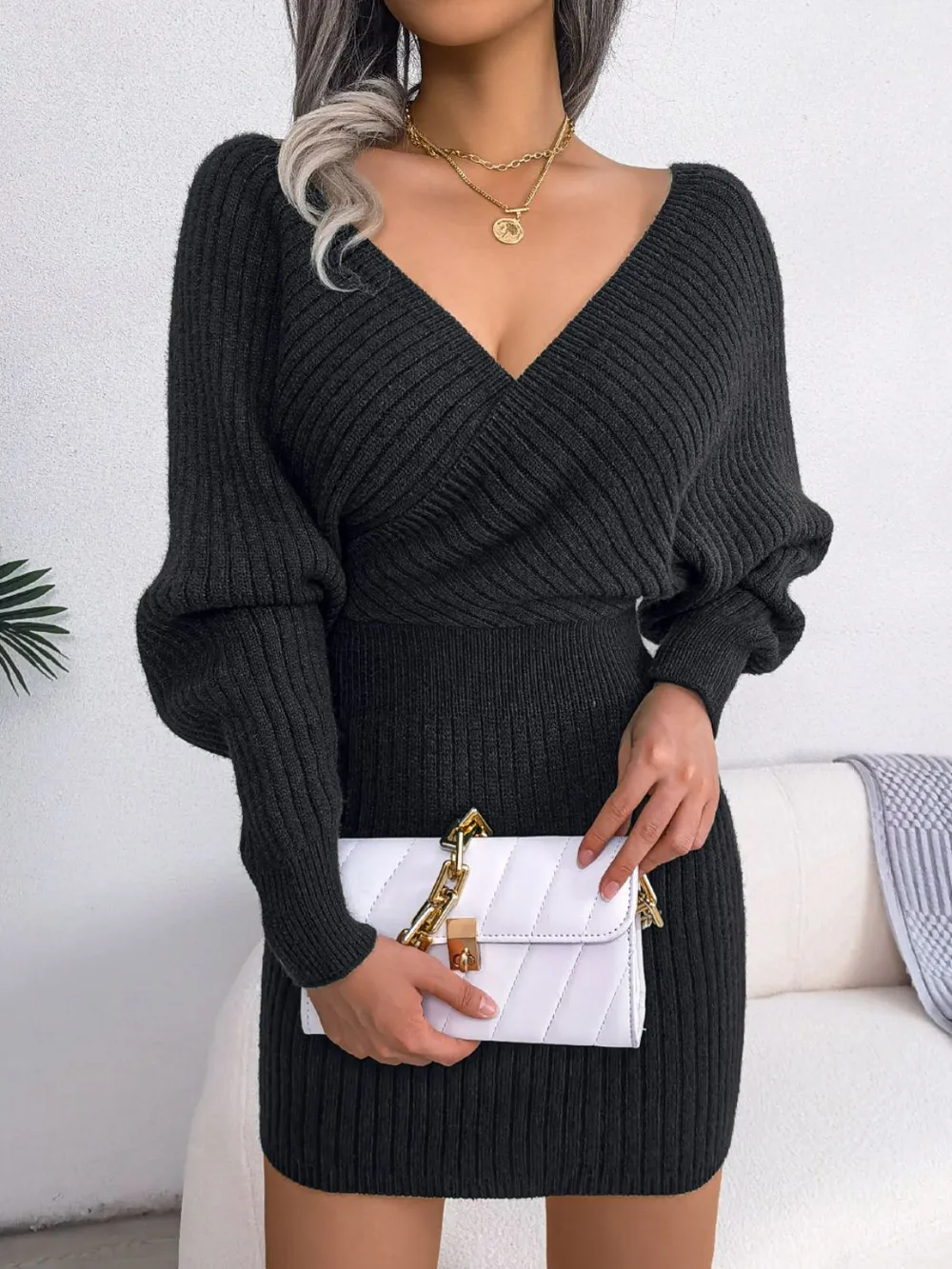 Rib-Knit Dolman Sleeve Sweater Dress, image 17