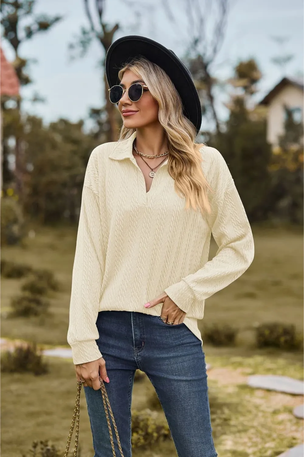 Collared Neck Cable-Knit Long Sleeve Blouse, image 6