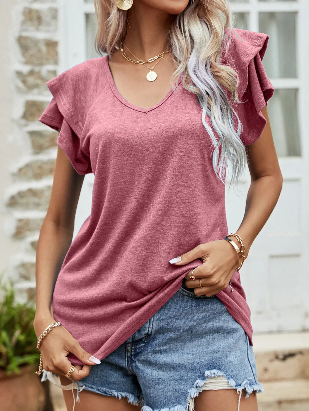 Layered Flutter Sleeve V-Neck Top, image 10
