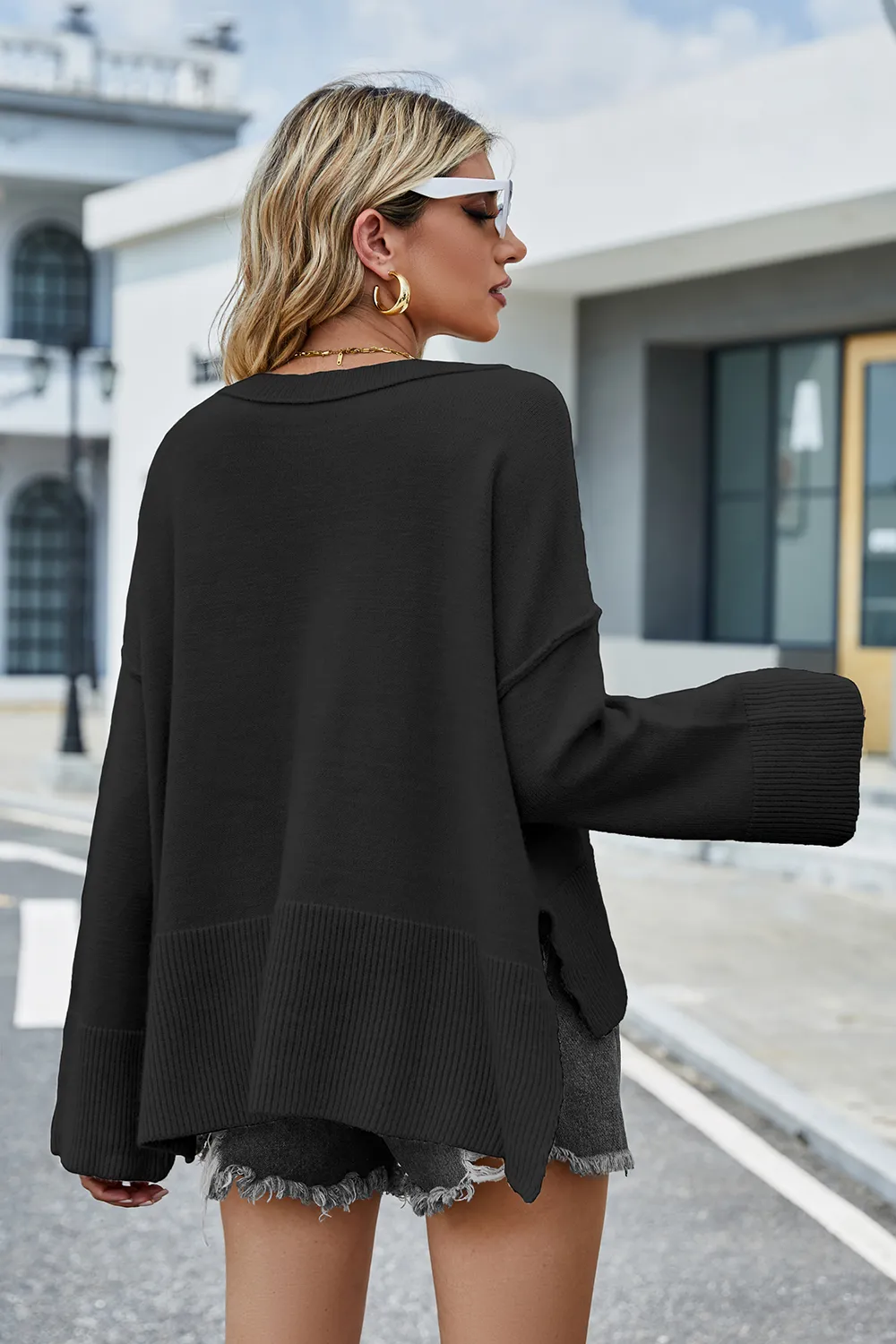 Round Neck Dropped Shoulder Slit Sweater, image 8