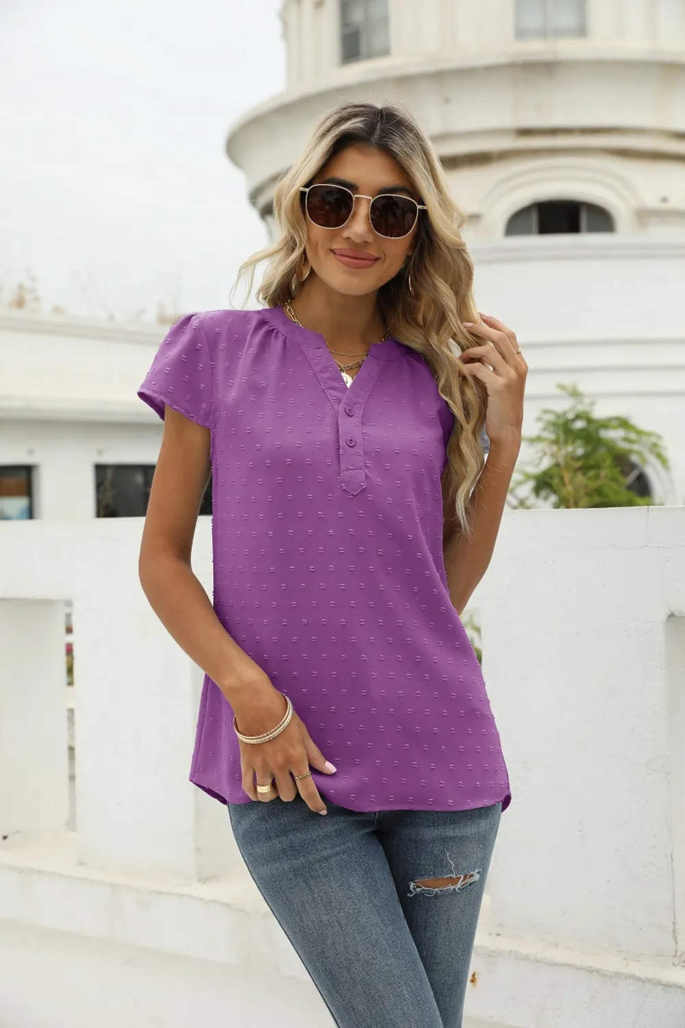 Swiss Dot Notched Neck Short Sleeve Top, image 24