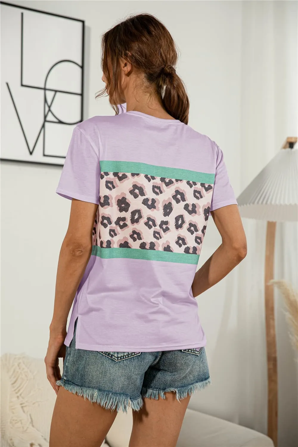 Leopard Color Block Side Slit Tee, image 3