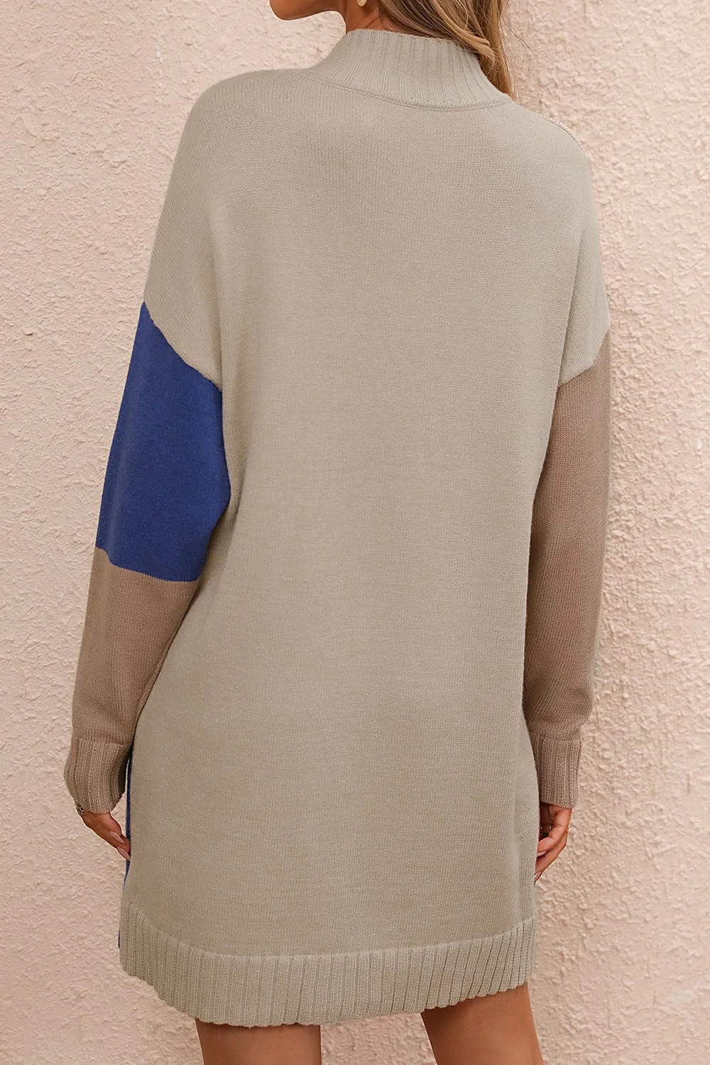 Color Block Mock Neck Dropped Shoulder Sweater Dress, image 8