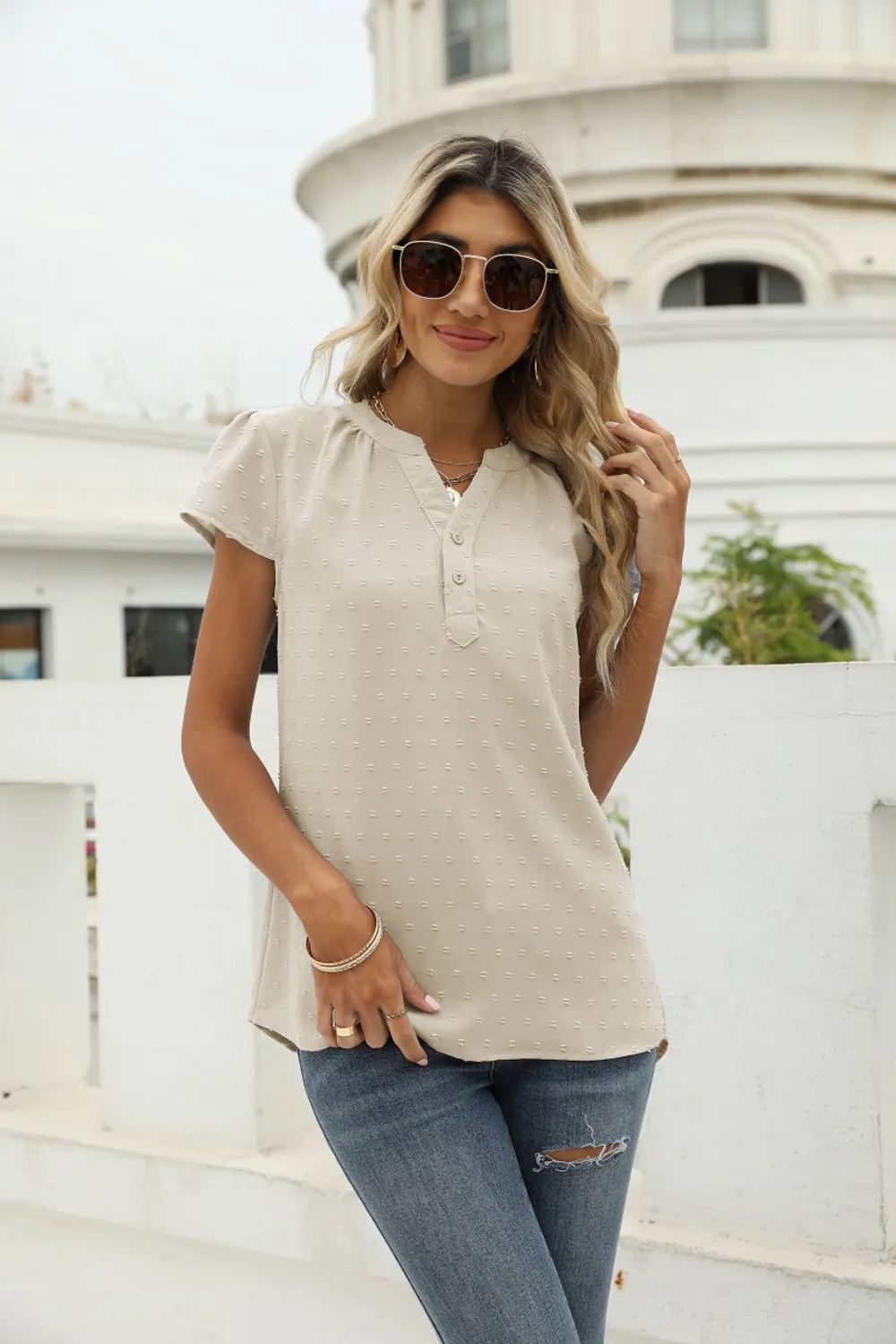 Swiss Dot Notched Neck Short Sleeve Top, image 27