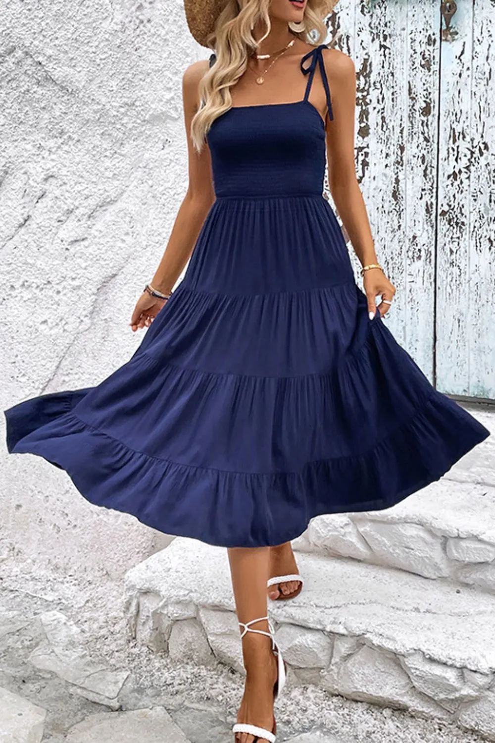 Tie-Shoulder Tiered Midi Dress, image 3