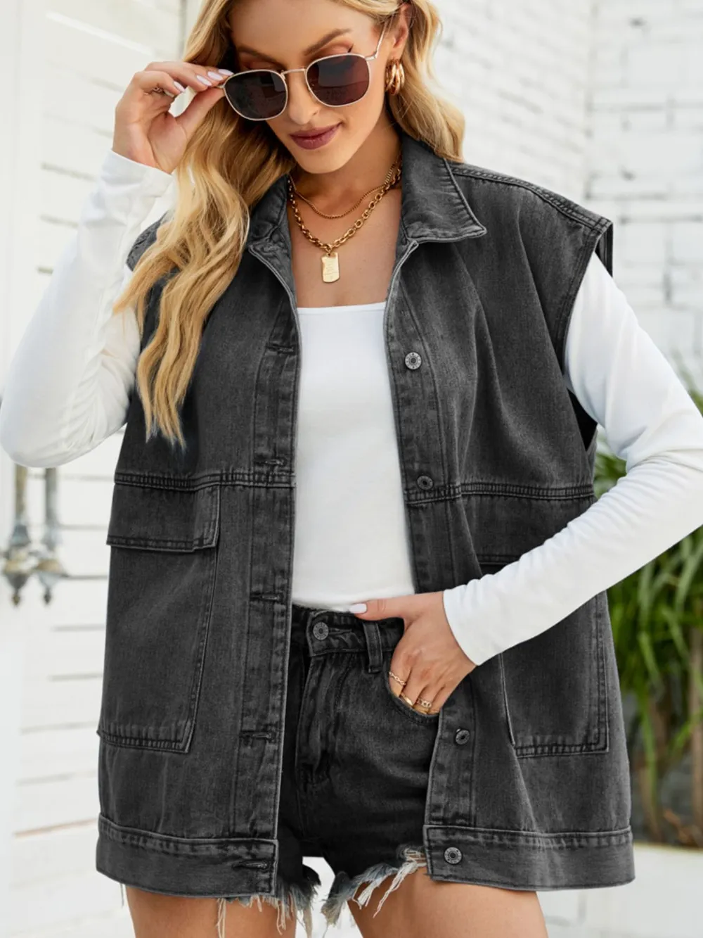 Collared Neck Sleeveless Denim Top with Pockets, image 9