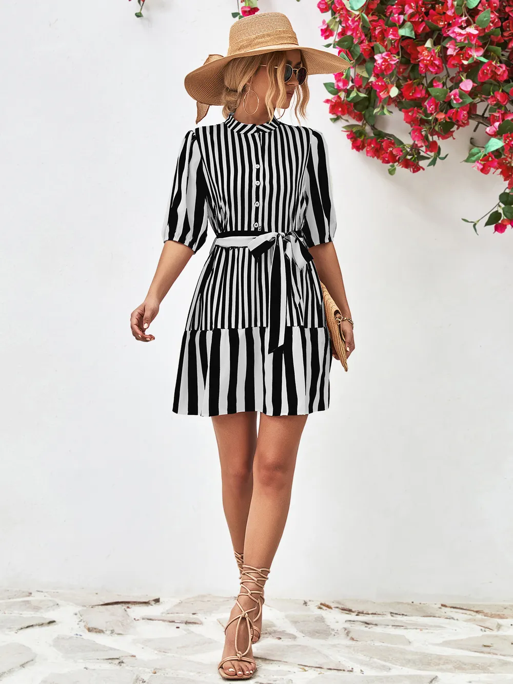 Striped Half Sleeve Tie Waist Mini Dress, image 11