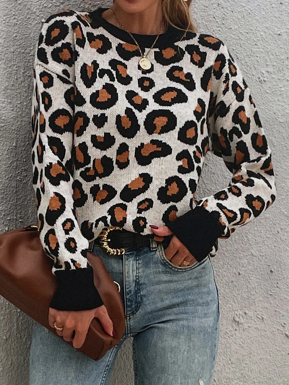 Leopard Round Neck Dropped Shoulder Sweater, image 3